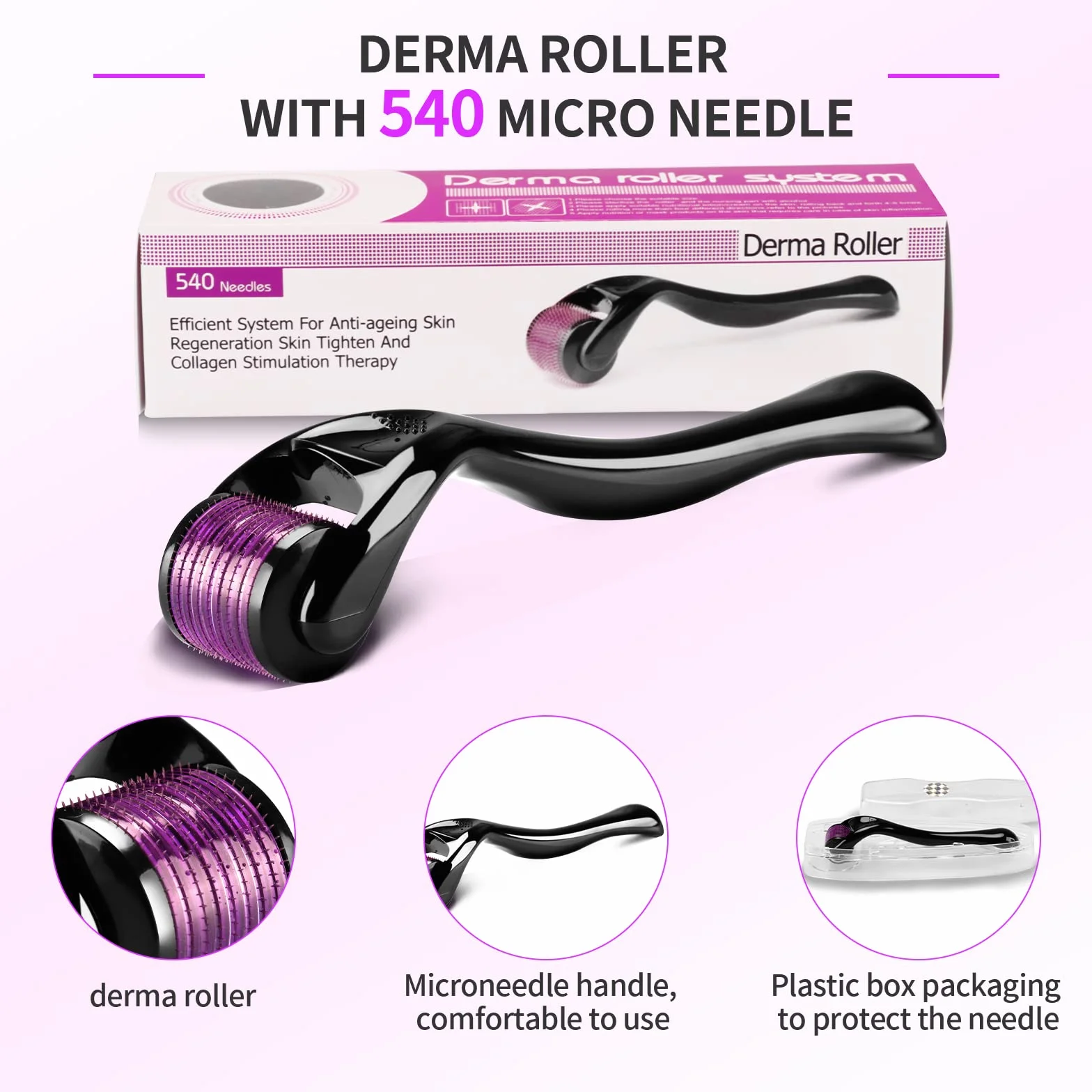 Derma-roller 0,5 mm, 540 tytanowy wałek z mikroigłami do skóry twarzy, odmładzająca, przeciwzmarszczkowa, regeneracja skóry, wypadanie włosów, blizny po trądziku, rozstępy
