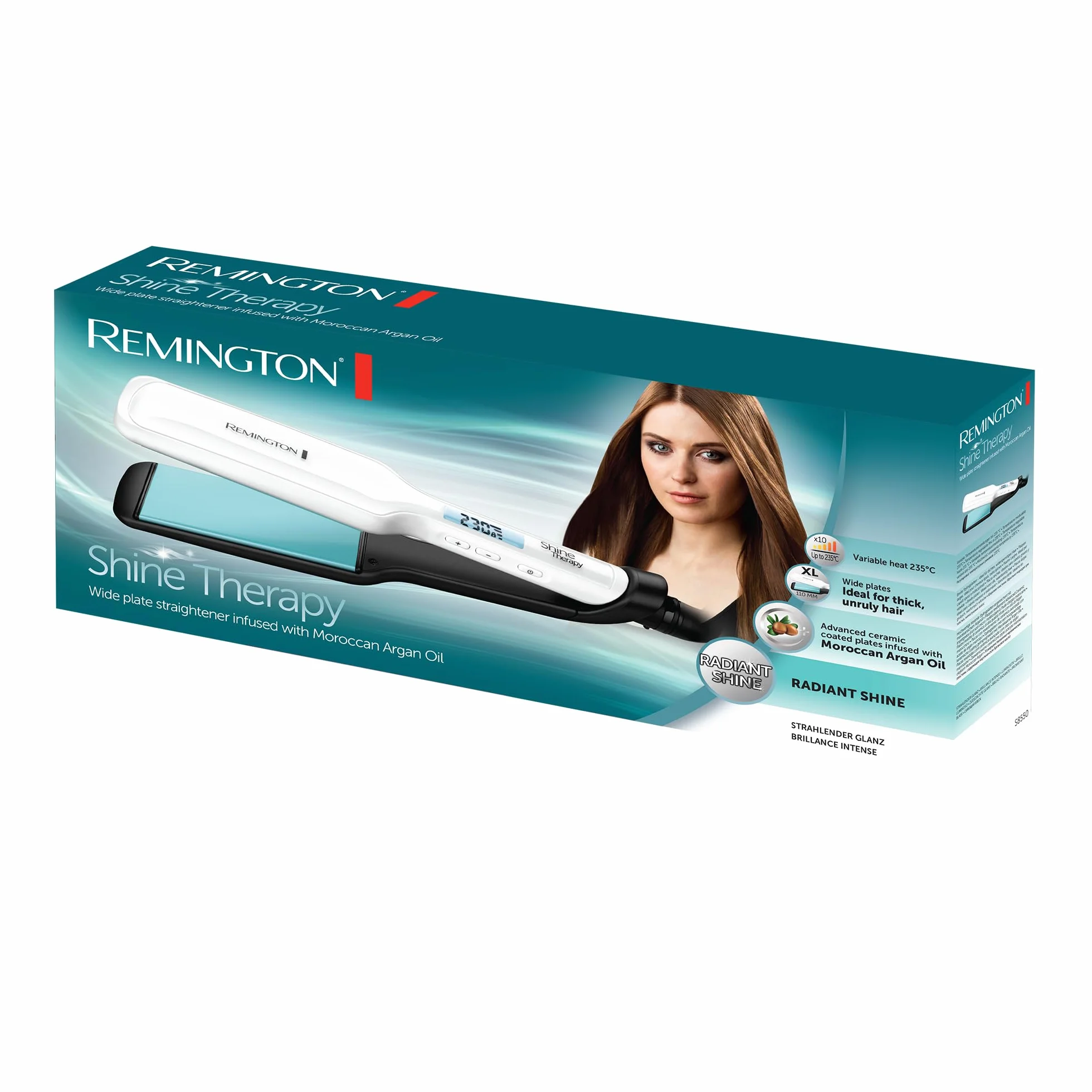 Remington prostownica do włosów, płytki ceramiczne z mikroodżywkami z marokańskim olejem, bardzo szerokie płytki, zakres temp. 150-235°C, ruchome płytki, obrotowy przewód, biała, Shine Therapy S8550