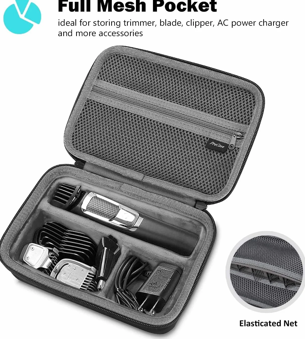 ProCase Twarda walizka pokrowiec na Philips Multigroom Series 3000 5000 7000 MG3750 MG5750/49 MG7750/49 golarka elektryczna i akcesoria dla mężczyzn - czarny