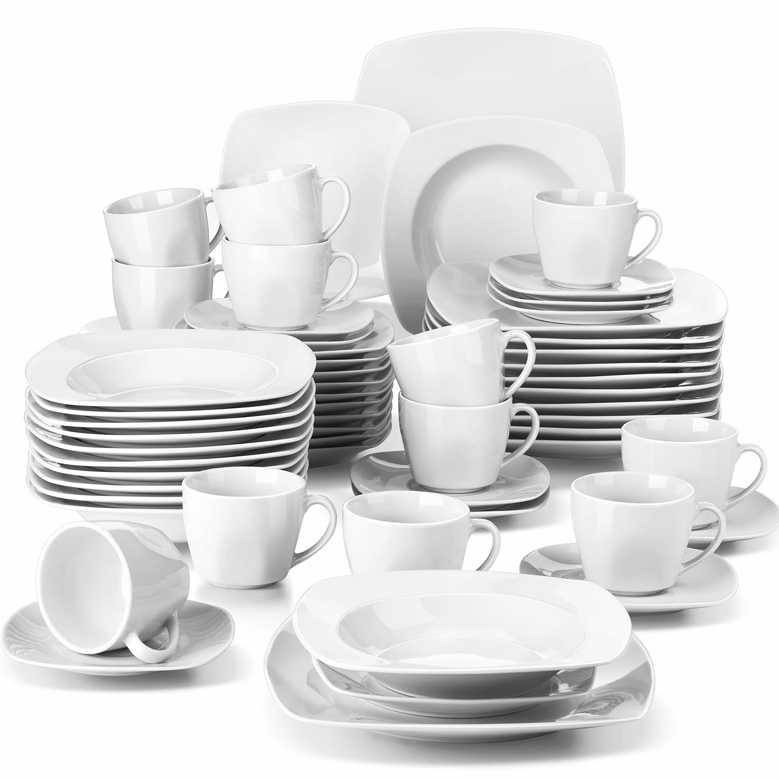 MALACASA Julia 60-częściowy serwis stołowy dla 12 osób, mały, porcelanowy serwis do kawy z talerzami obiadowymi, talerzykami deserowymi, talerzami do zupy, filiżankami do kawy, spodkami, po 12 sztuk