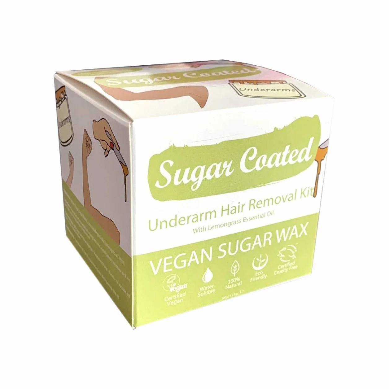 Sugar Coated Hair Removal Wax Kit for Underarms, Sugar Wax for Underarm Hair Removal with Wax Strips, Gentle and Non-Damaging Waxing Kit, Containing Essential Lemongrass Oil 200g