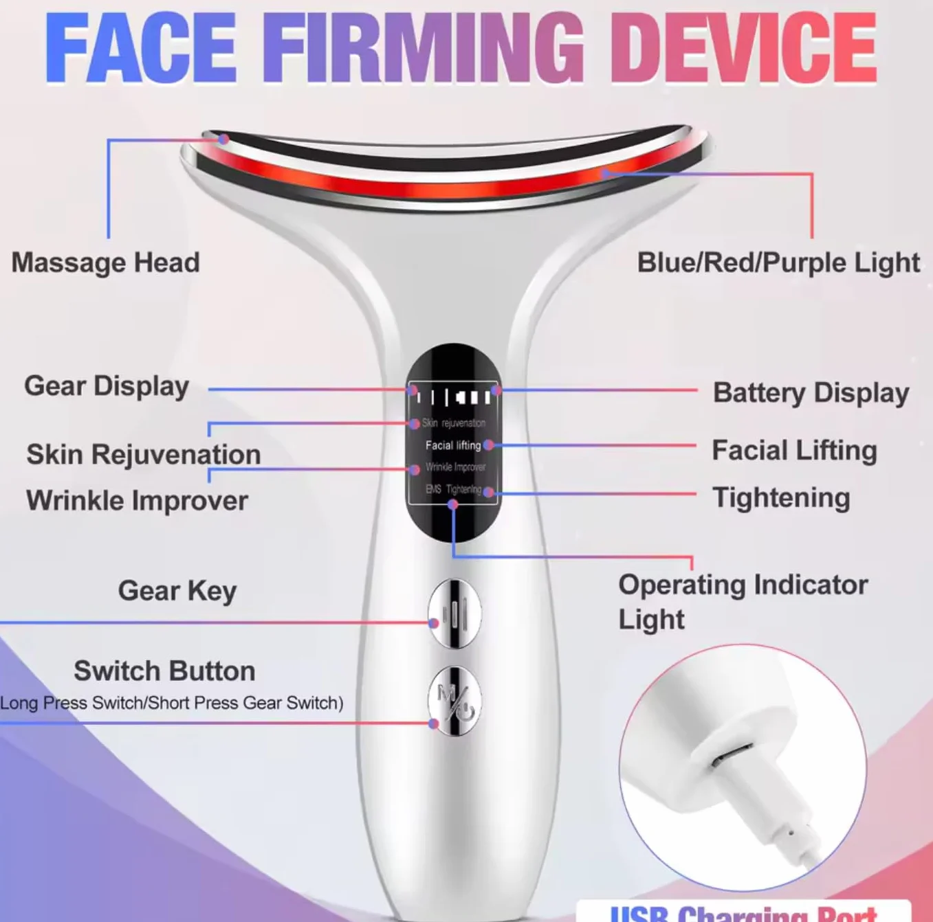Elektryczny masażer do twarzy Lifting przeciwzmarszczkowy 5℃ Zimna i 45℃ Terapia ciepłem 6 trybów 4 diody LED EMS Gua Sha