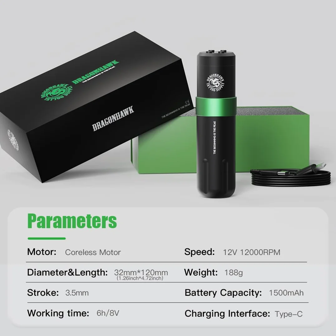Dragonhawk Wireless Tattoo Pen Machine Rotary Gun 1500mAh 3.5mm Stroke 20 Piece Kit for Beginners