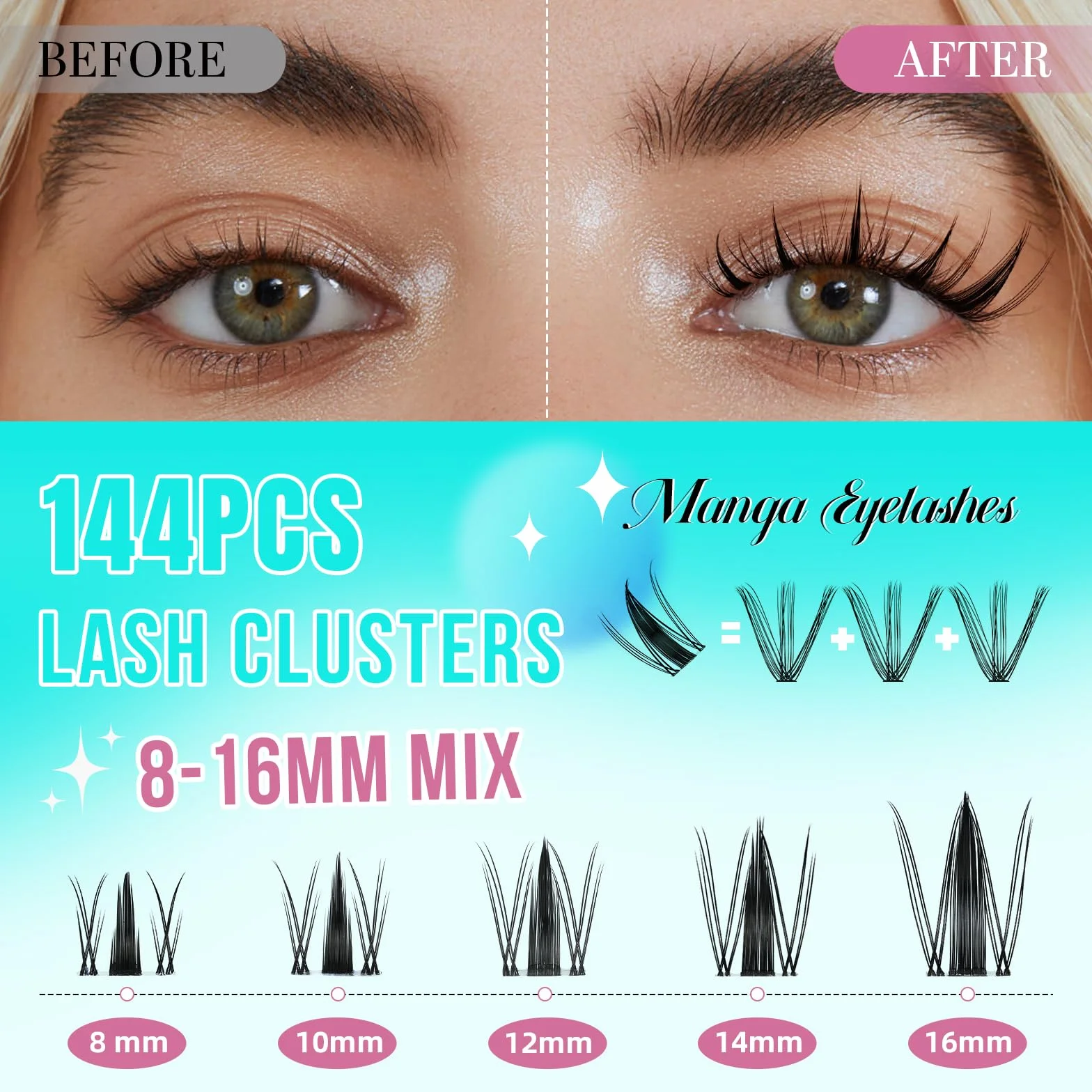 Zestaw przedłużek do rzęs Manga Lashes 144 szt. Fairy Cluster Lashes 8-16 mm Black Bond