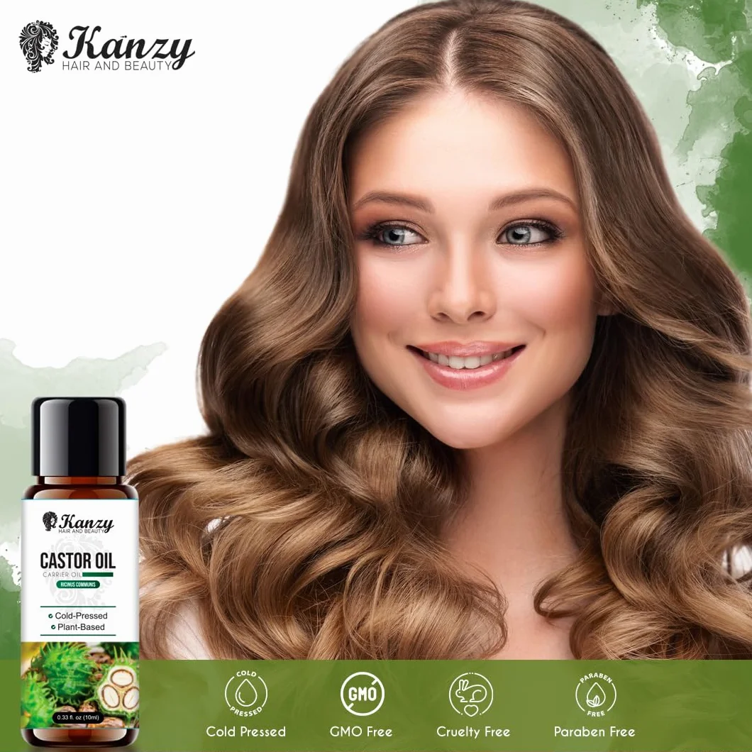 Kanzy Olej rycynowy 10 ml tłoczony na zimno – czysty olej do rzęs, brwi, włosów, brody, skóry i paznokci – bez heksanu, odpowiedni do codziennego nawilżania
