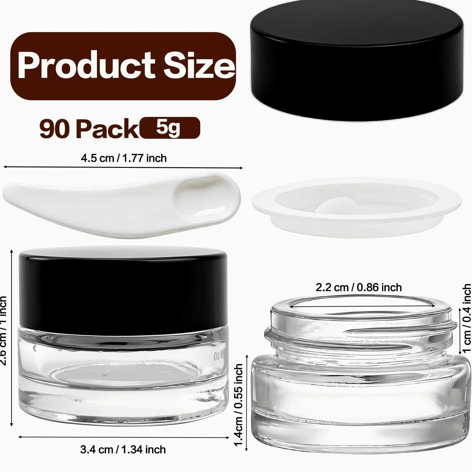 Małe przezroczyste słoiki 5 ml z czarnymi pokrywkami i łyżkami, puste szklane pojemniki na kosmetyki luzem z wkładką, hermetyczna butelka kremowa, na próbki produktów kosmetycznych, podróży