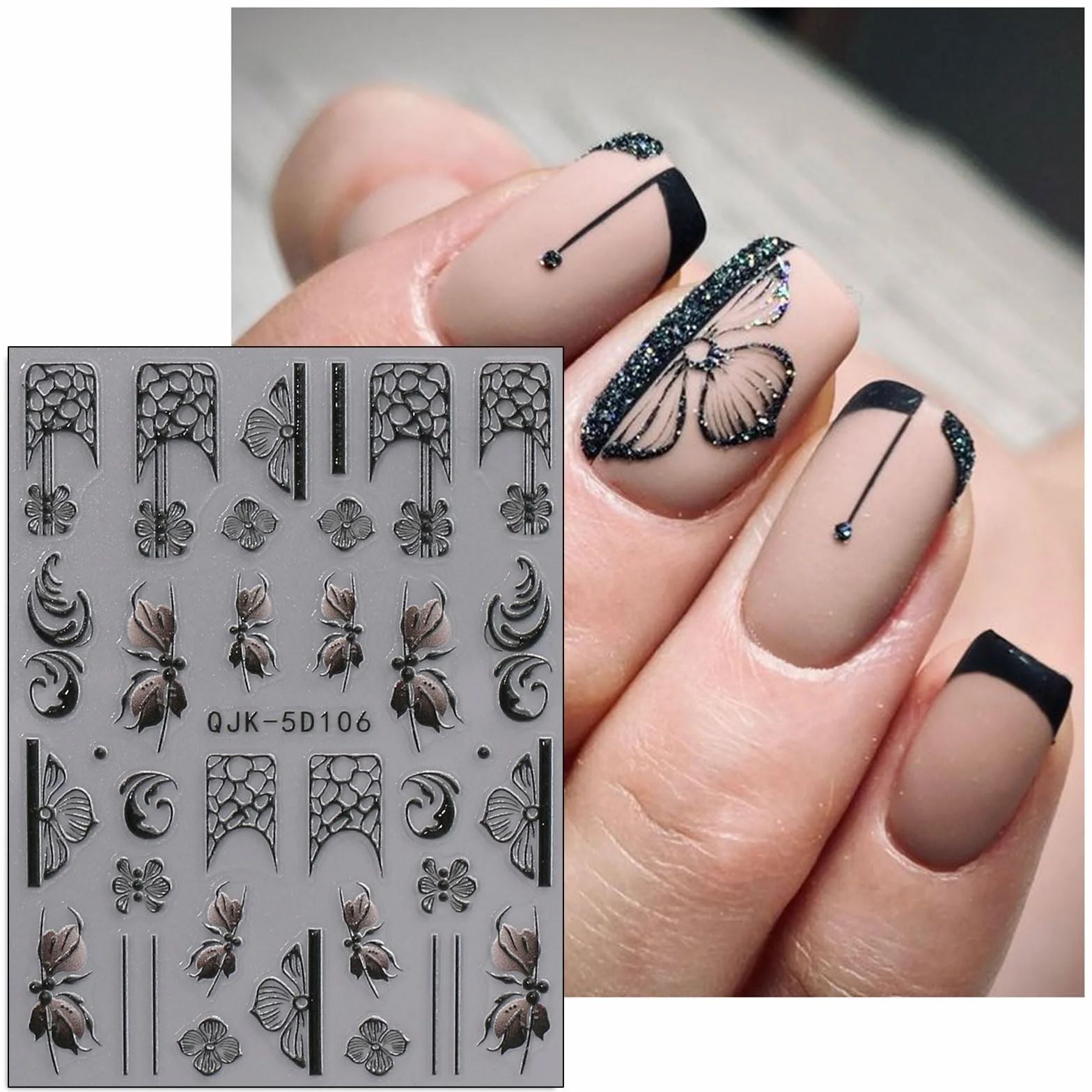 JMEOWIO 3D Czarny Biały Kwiat Nail Art Naklejka 4 Arkusze Naklejki na paznokcie Samoprzylepne dekoracje do paznokci