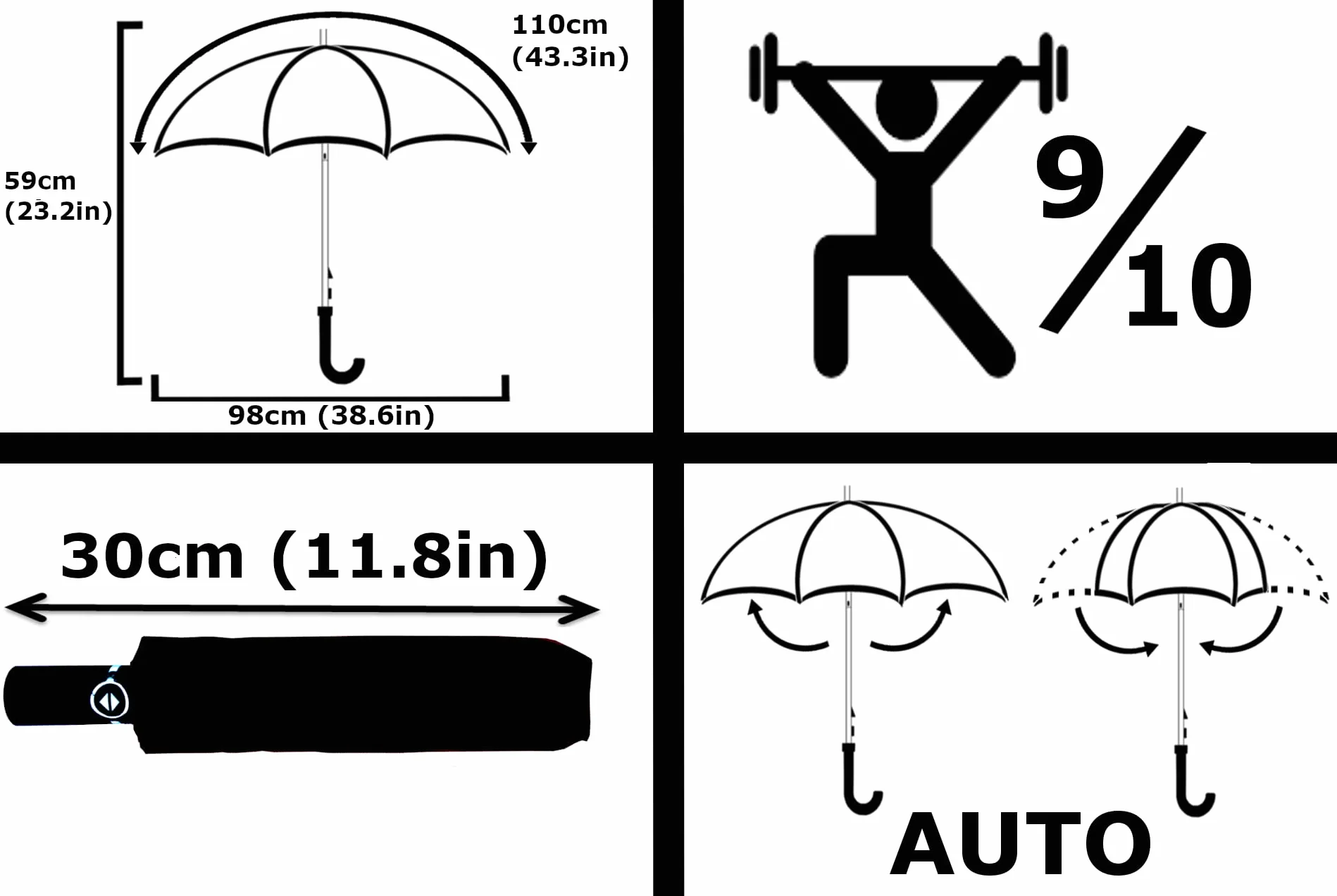 COLLAR AND CUFFS LONDON Wiatroszczelny, kompaktowy parasol StormDefender 50 km/h, wzmocniona rama z włókna szklanego, wentylowany baldachim, mały, mocny, składany, wodoodporny, automatyczne otwieranie