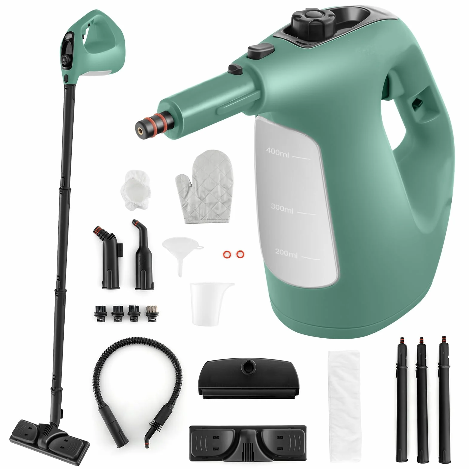 COSTWAY Myjka parowa 1500 W, zbiornik: 400 ml, temperatura: do 125℃, czas nagrzewania: 1 min, ciśnienie pary: 2 bar, urządzenie ręczne z 14 akcesoriami i kablem sieciowym 5 m (zielona)