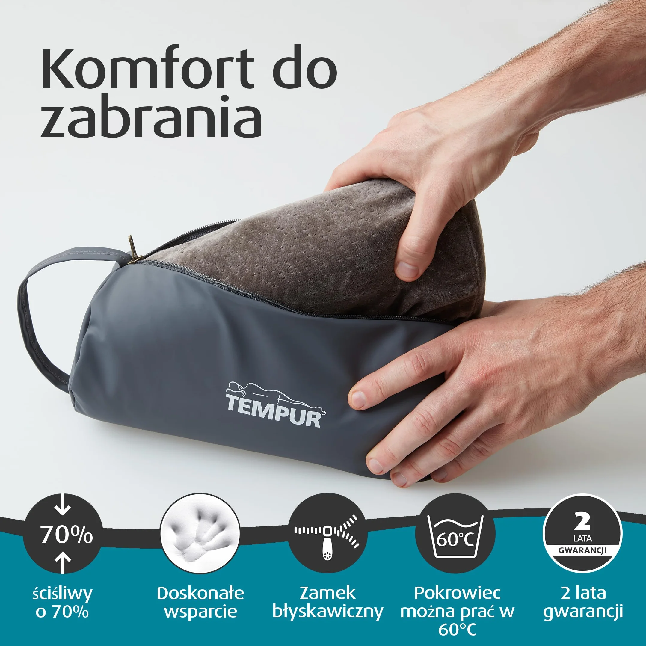 TEMPUR Poduszka podróżna z pianki memory, ergonomiczna poduszka podróżna pod kark z torbą transportową, Antracyt, Rozmiar 25 x 31 x 10/7 cm