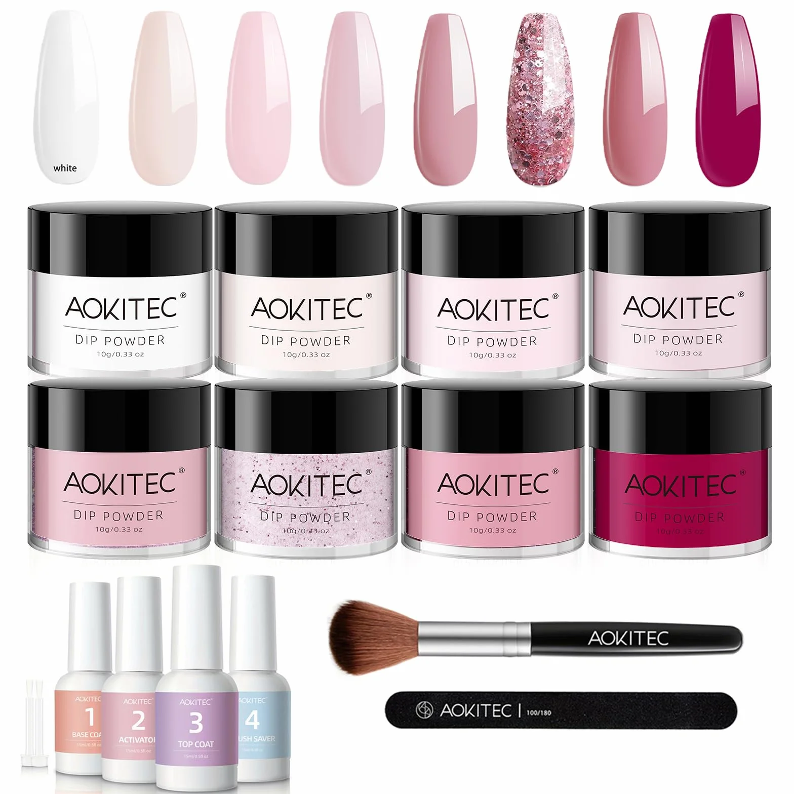 Aokitec Zestaw startowy do paznokci, 8 kolorów, różowy, magenta, zestaw do zanurzania paznokci z aktywatorem bazowym, oszczędzający pędzle do francuskich paznokci, sztuka, manicure, prezent dla kobiet