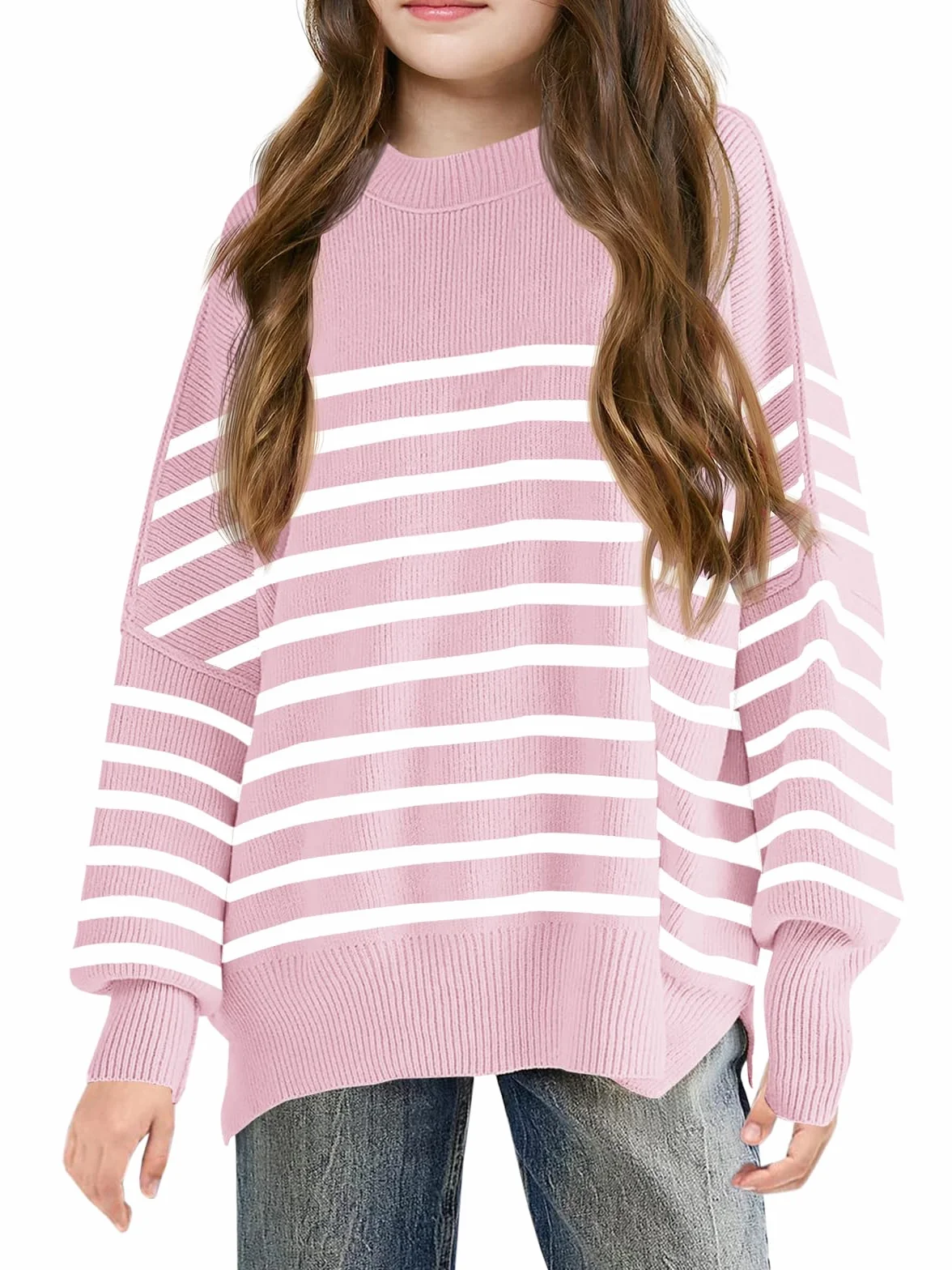 Haloumoning Dziewczęcy sweter w paski, oversize, dla dzieci, na jesień i zimę, modny sweter z nietoperza, prążkowany, okrągły dekolt, rozcięcie po bokach, sweter z dzianiny