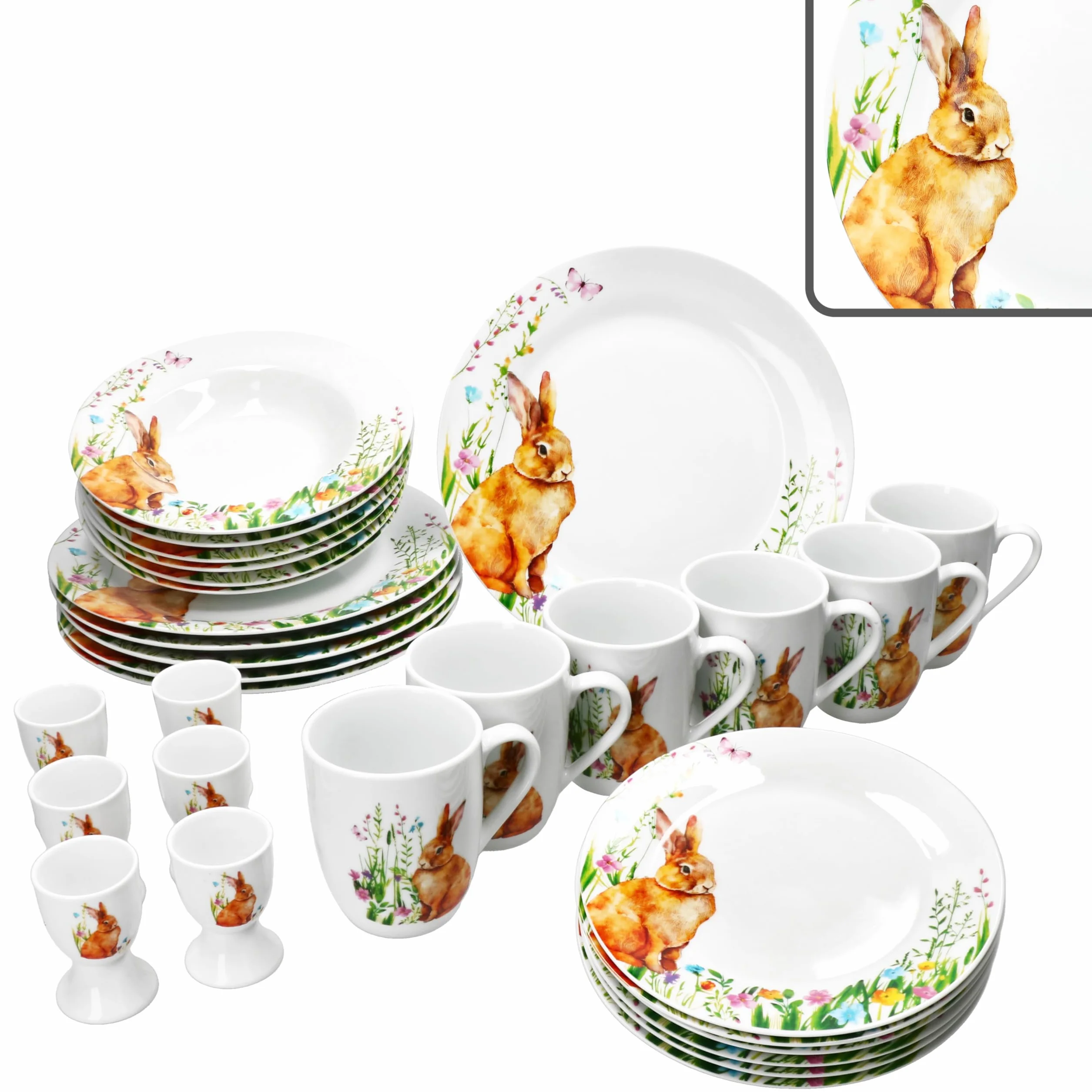MamboCat 30-częściowy zestaw śniadaniowy Osterfreude I wiosenny porcelanowy zestaw naczyń z dekoracją zajączka wielkanocnego dla 6 osób I po 6 kieliszków do jajek, kubków, talerzy do ciasta, talerzy