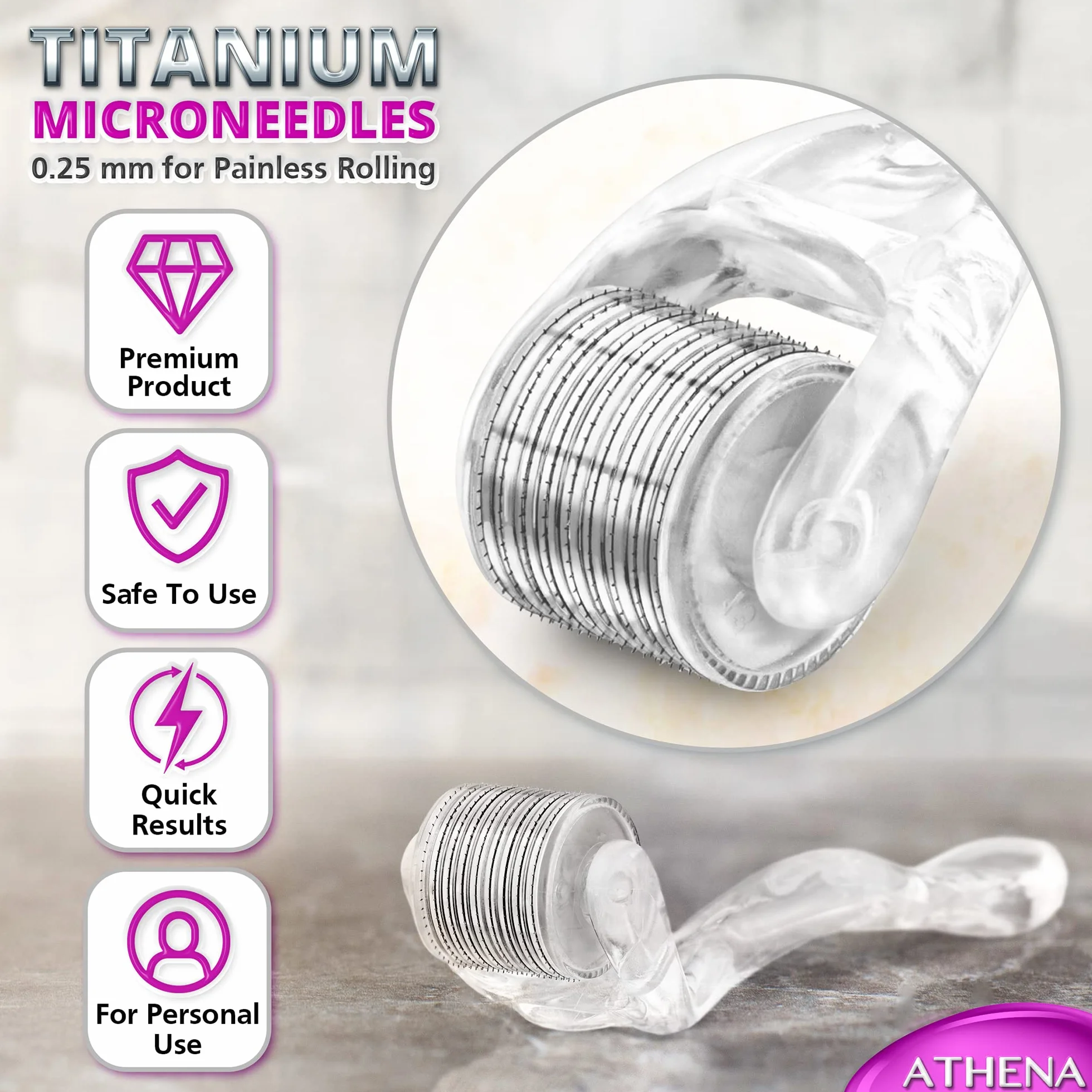 Derma Roller 540 tytanowe mikroigły (0,25 mm) do pielęgnacji skóry z etui podróżnym, ergonomiczna konstrukcja, by Athena London Skincare