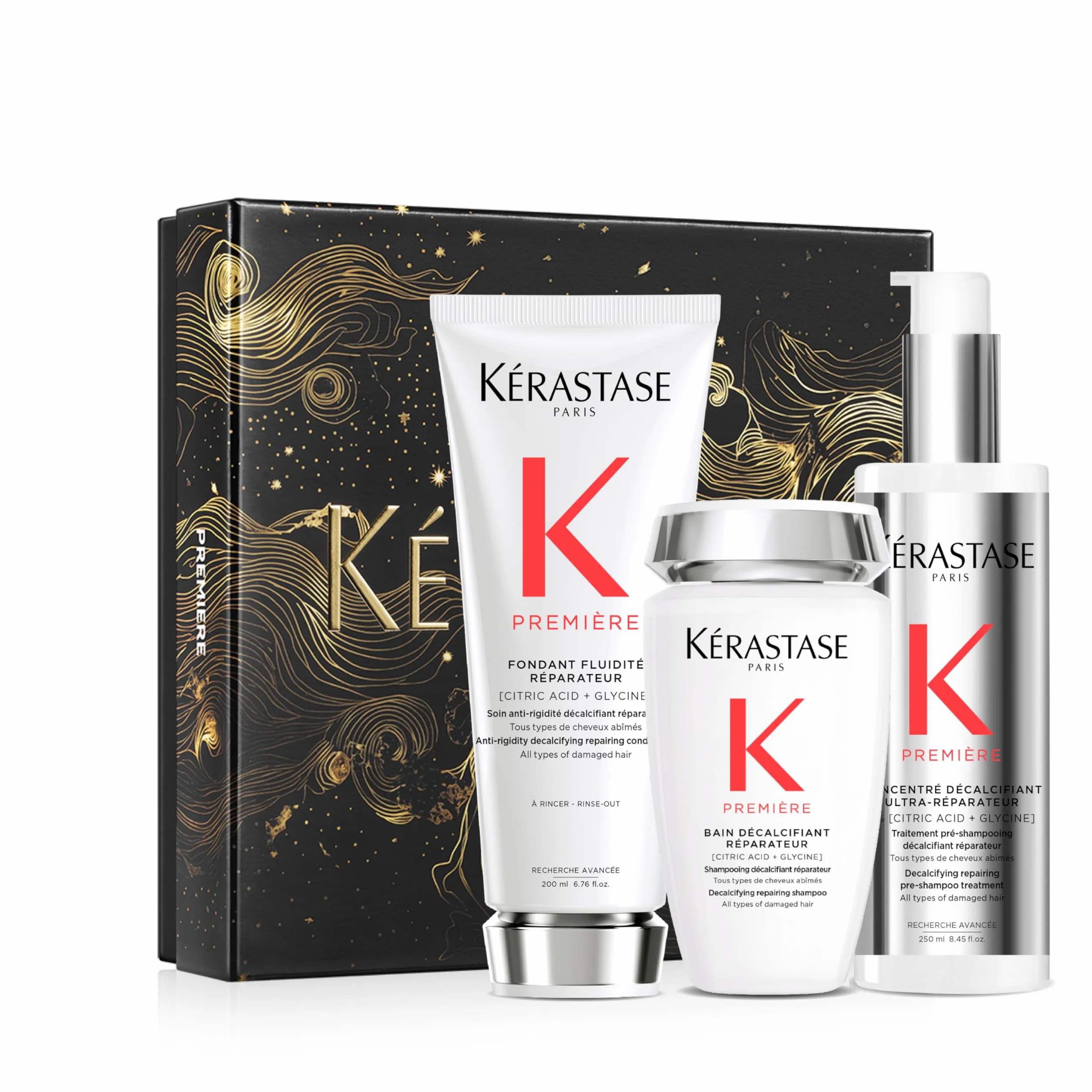 Kérastase Première Fondant zestaw prezentowy, seria do pielęgnacji mocno zniszczonych włosów, zawiera: Bain Décalcifiant 250 ml, fondant Fluidité Réparateur 200 ml, Concentré Décalcifiant 250 ml