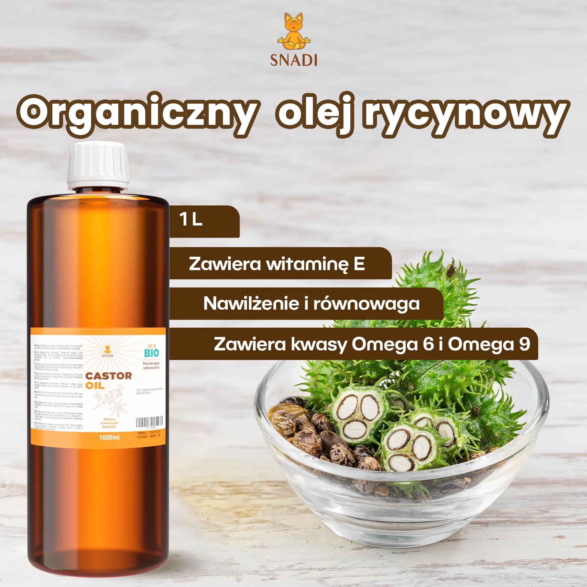 Czysty Olej Rycynowy BIO | 1 litr | Tłoczony na Zimno | Przeciwutleniacz, Przeciwstarzeniowy | Nawilżający do Suchej Skóry, Ciała i Włosów | Stymuluje Wzrost Rzęs i Brody | Ekologiczny