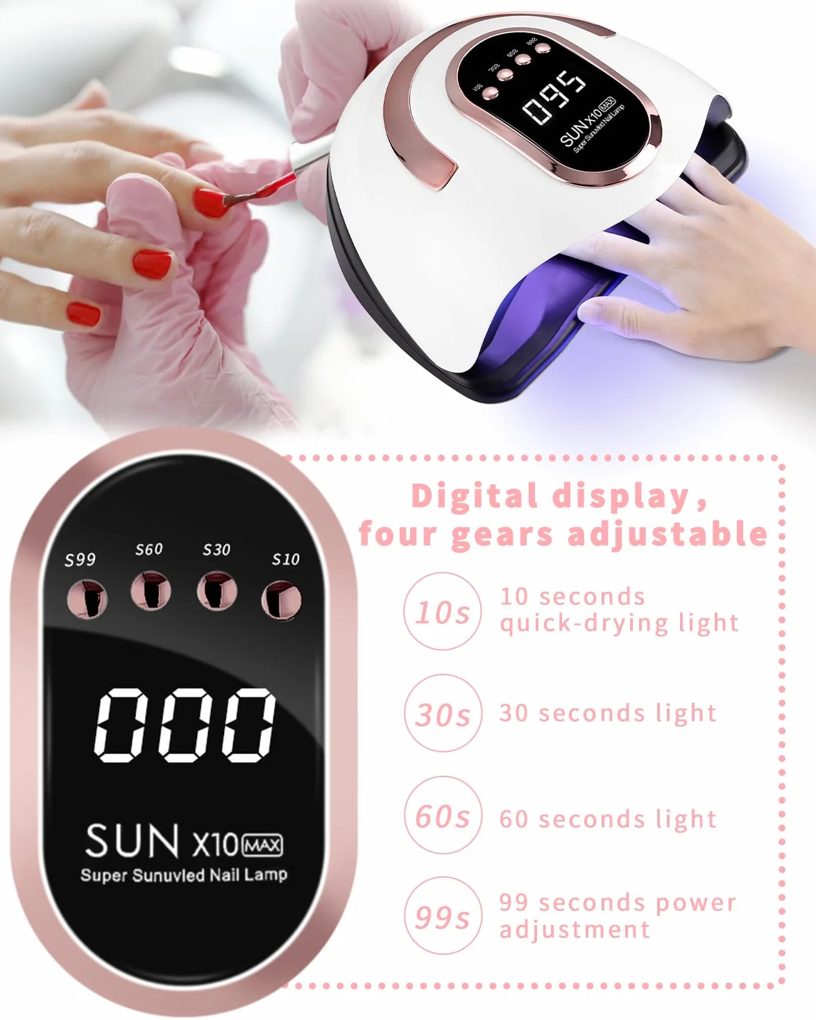 Suszarka do paznokci FAOKZE 220W, lampa UV do paznokci akrylowych, lampa 60 LED do paznokci, cyfrowy wyświetlacz z timerem 10/30/60/99s, odpowiednia do wszystkich żelowych lakierów do paznokci (Rose)