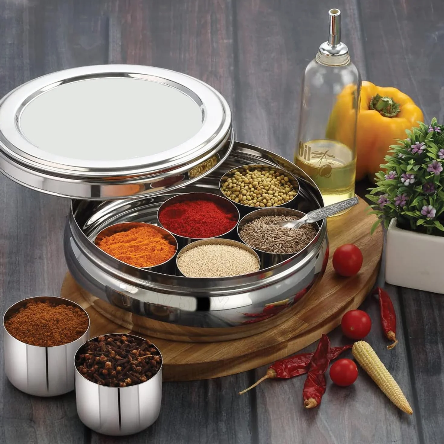 Kajal Masala Box 8-częściowy zestaw ze stali nierdzewnej – pudełko na przyprawy ze stalową pokrywką i małą łyżeczką | indyjskie pudełko na przyprawy ze stali nierdzewnej | praktyczne rozwiązanie na