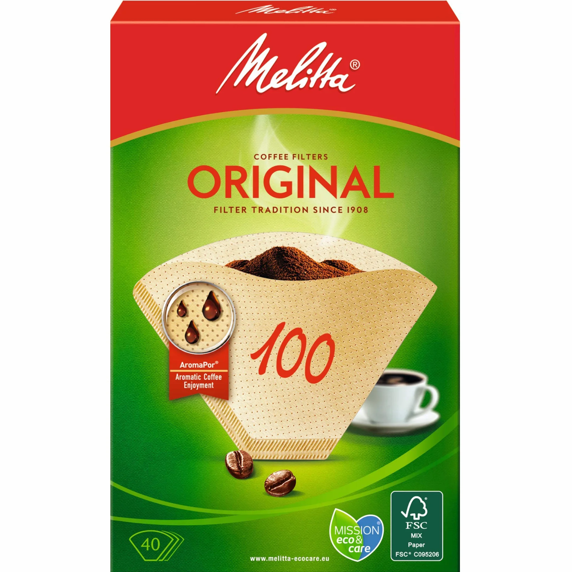 Melitta Torebki filtracyjne 100, Aromapor papier, naturalny brąz, 40 sztuk