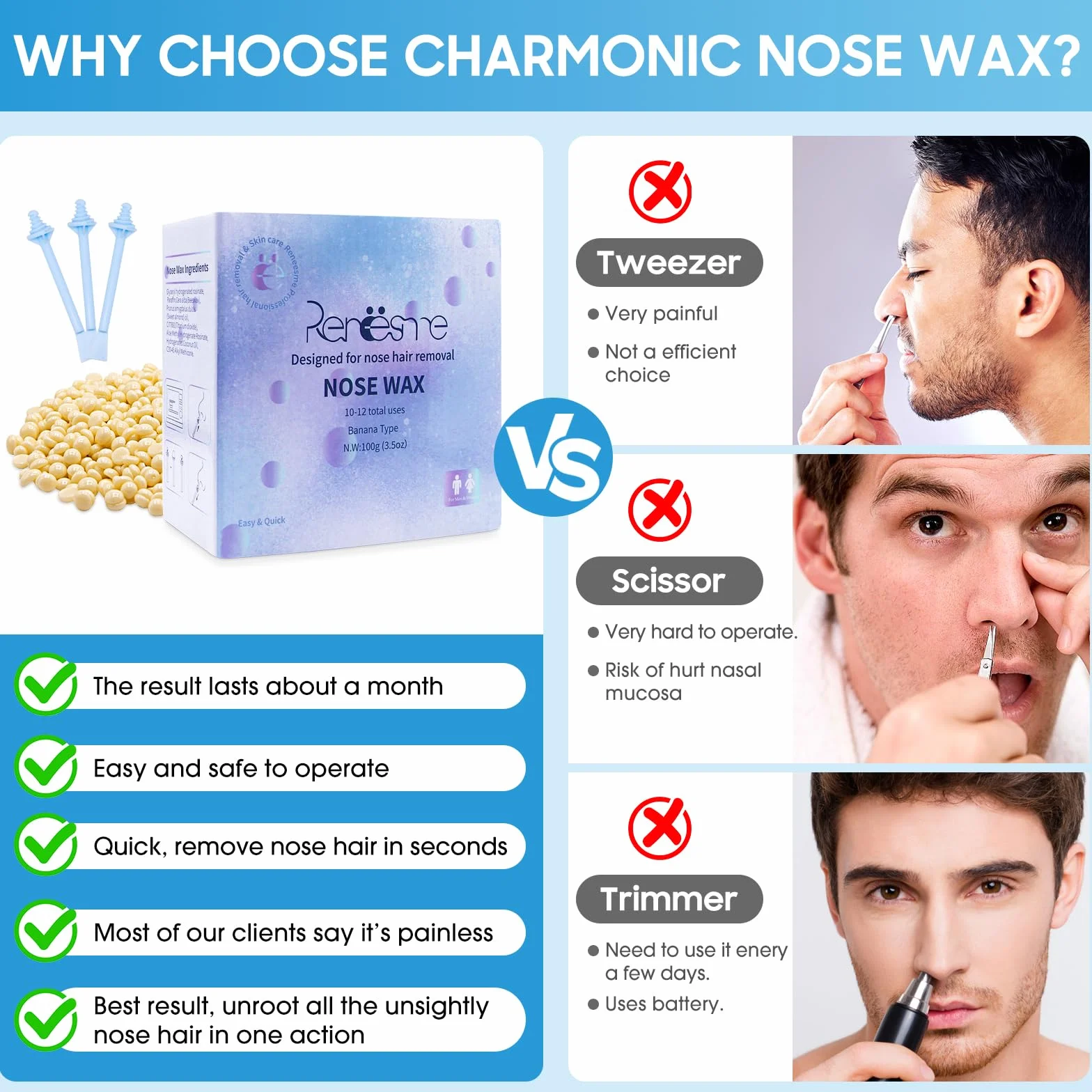 Nose Wax Kit, wosk do włosów w nosie, wosk do nosa z 100 g ziaren wosku, 20 pałeczek do włosów w nosie, 10 pojemników, 1 kubek z miarką 100 ml, 10 naklejek na brodę, wosk do usuwania włosów z