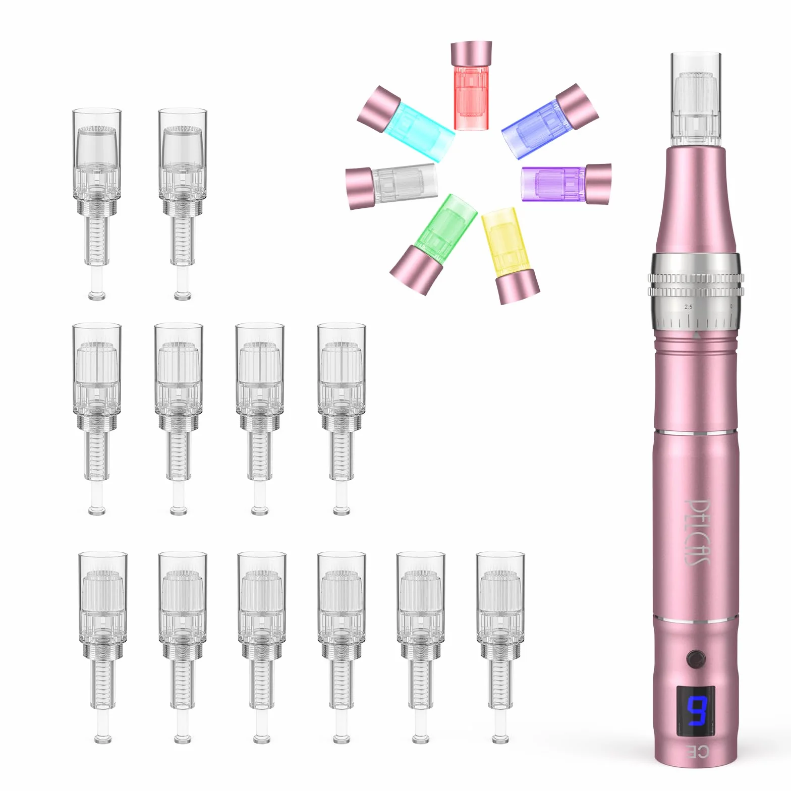 PELCAS 9-biegowy Dermapen 7 świateł Profesjonalny dermapen z ekranem LCD Typ C Akumulatorowy dermapen 0 do 2,5 mm do pielęgnacji skóry Zmarszczki Rozstępy Wypadanie włosów z 12 wkładami