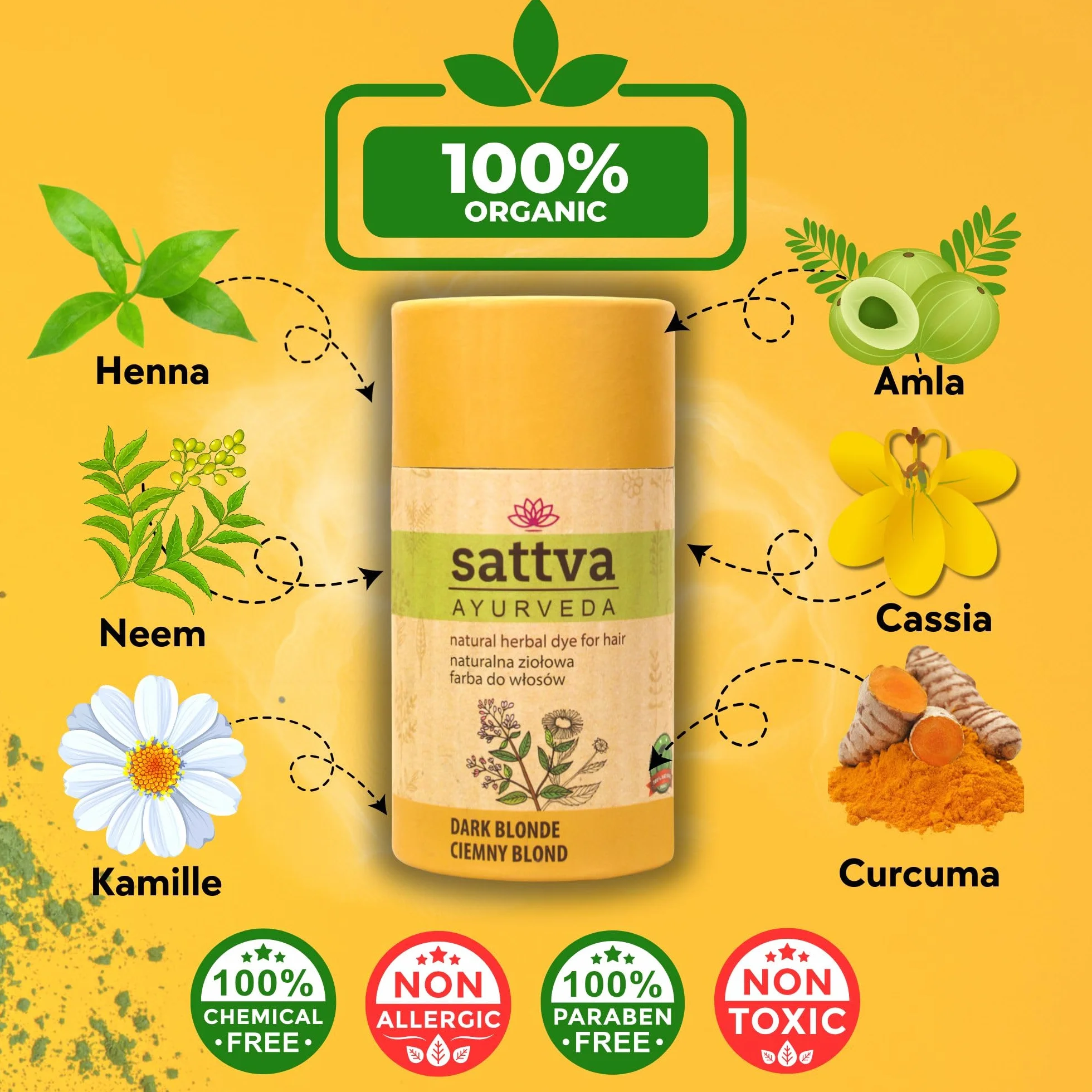 Sattva ECOCERT Naturalna farba do włosów na bazie roślin, henna, podwójna porcja, ciemny blond 150
