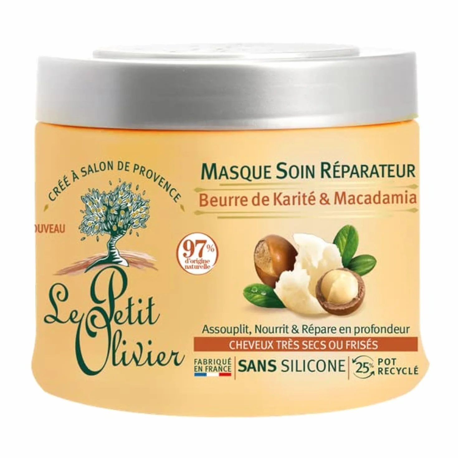 LE PETIT OLIVIER - Maska do pielęgnacji - Shea & Macadamia - Zmiękcza, odżywia i głęboko naprawia - włosy suche lub kręcone - bez silikonu - Wyprodukowano we Francji - 330 ml