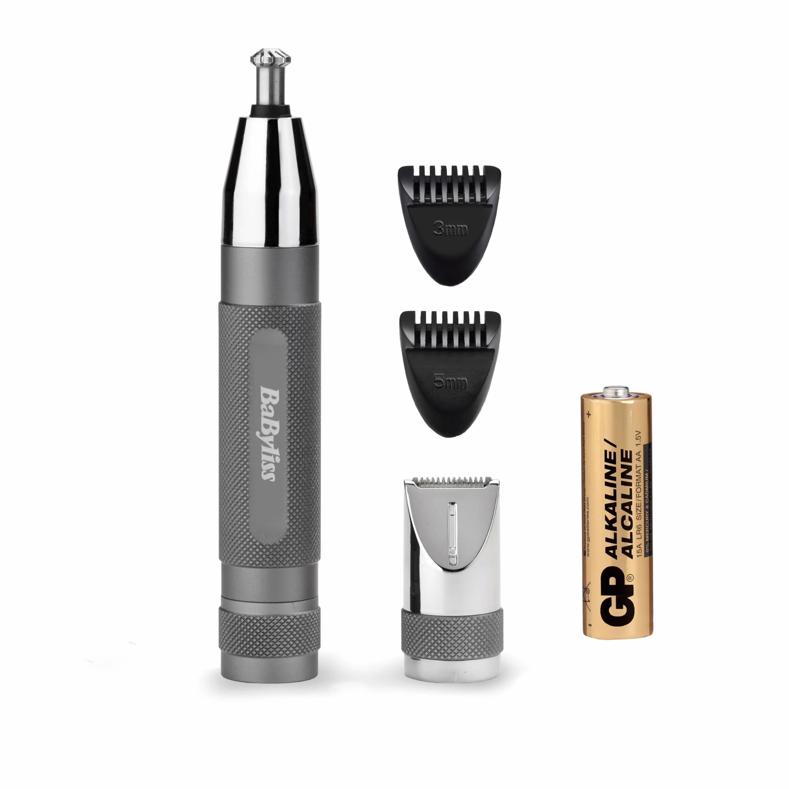 BaByliss Super-X Metal Precision Detail Trimmer - 3 w 1 Trymer do nosa, uszu i brwi, 2 nakładki, 2 nakładki grzebieniowe, zasilany bateryjnie – E116E