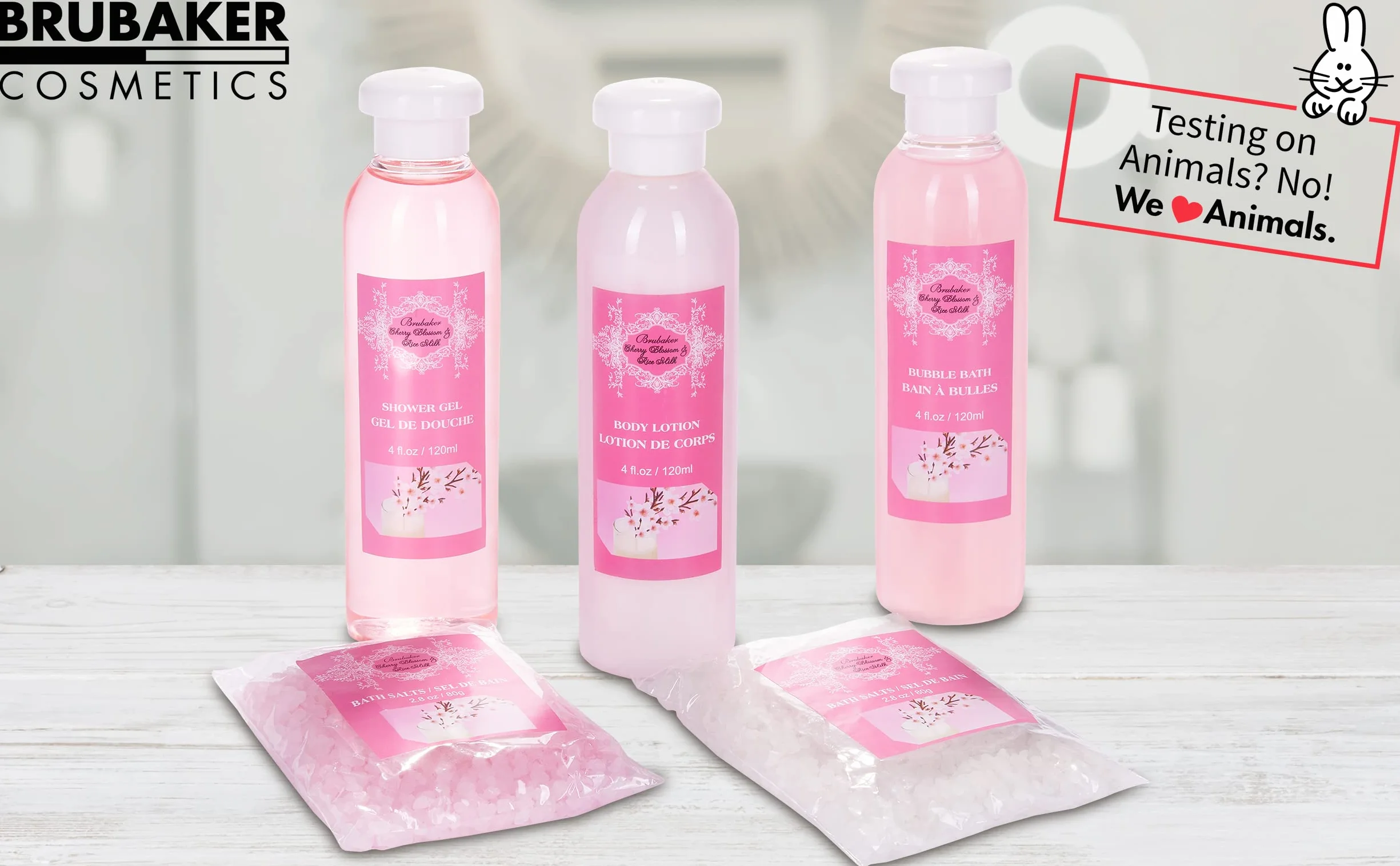 BRUBAKER Cosmetics Zestaw do Kąpieli 10-częściowy kwiat wiśni i mleko ryżowe wegański Vintage Beauty Cabinet White