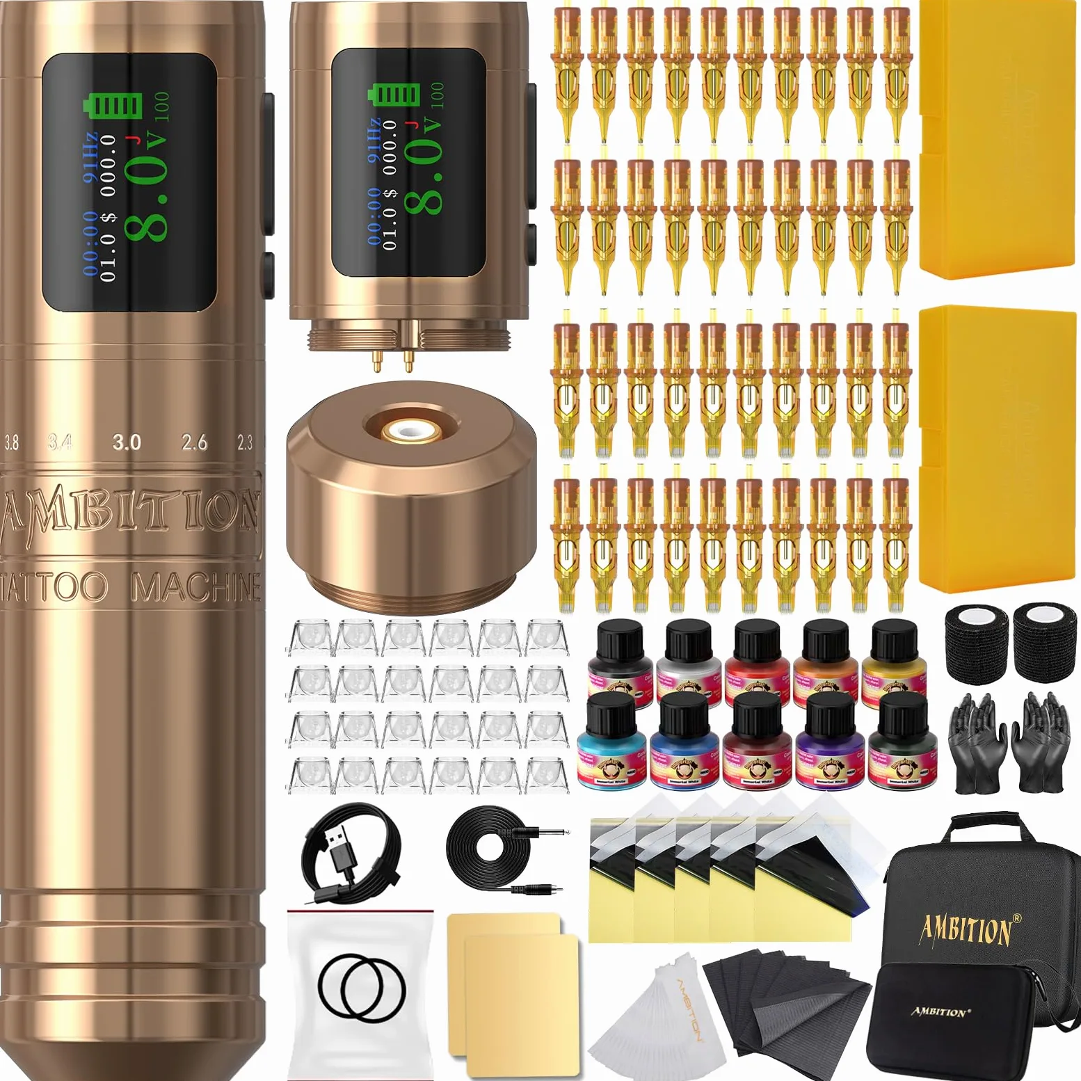 Ambition C1 Zestaw do Tatuażu – Bezprzewodowa Maszynka z 7 Regulowanymi Skokami, Podwójną Baterią 1900mAh, 40 Kartridżami Glory – Dla Początkujących