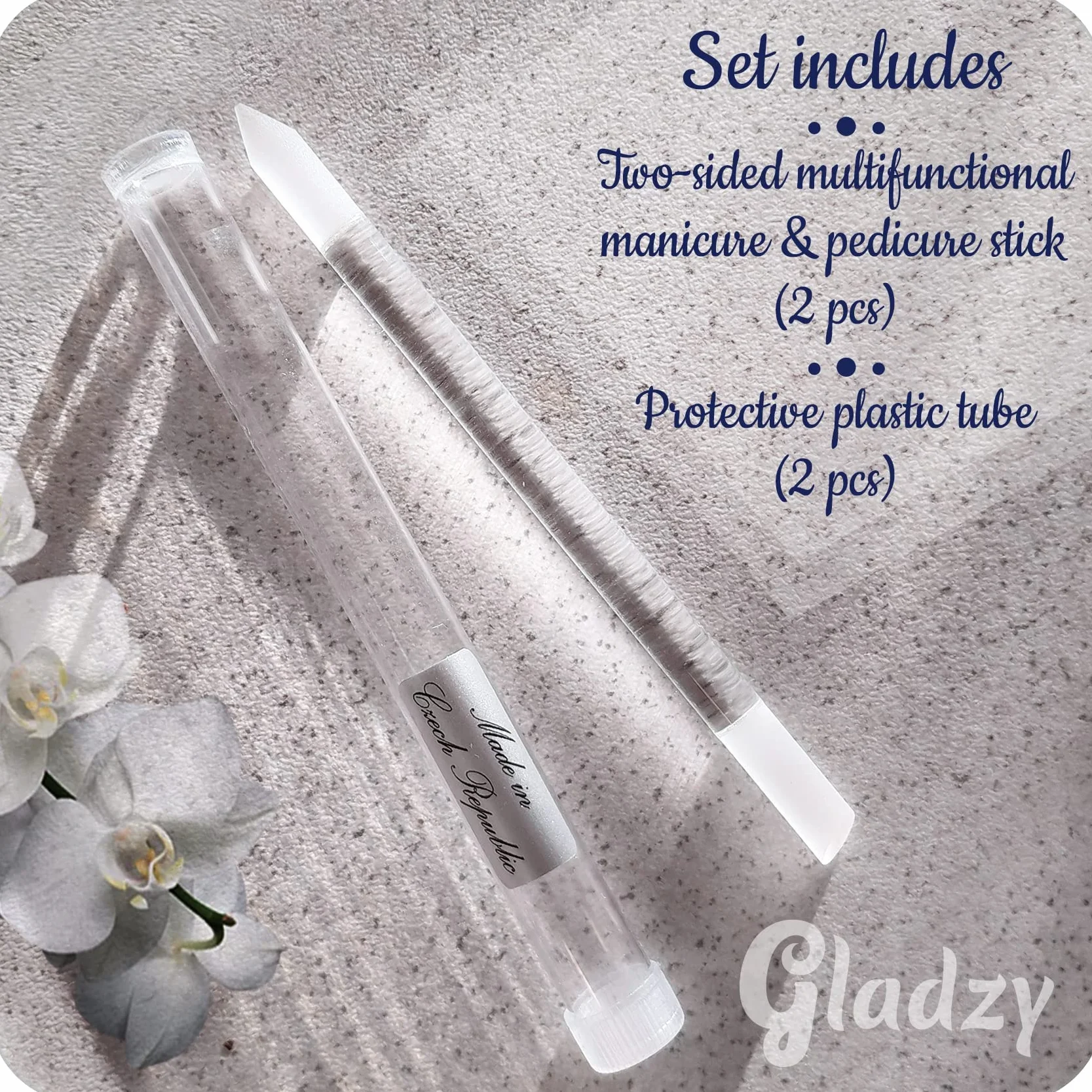 Gladzy Zestaw 2 pilników do skórek szklanych, kij do manicure, profesjonalny, precyzyjny, oryginalna czeska jakość
