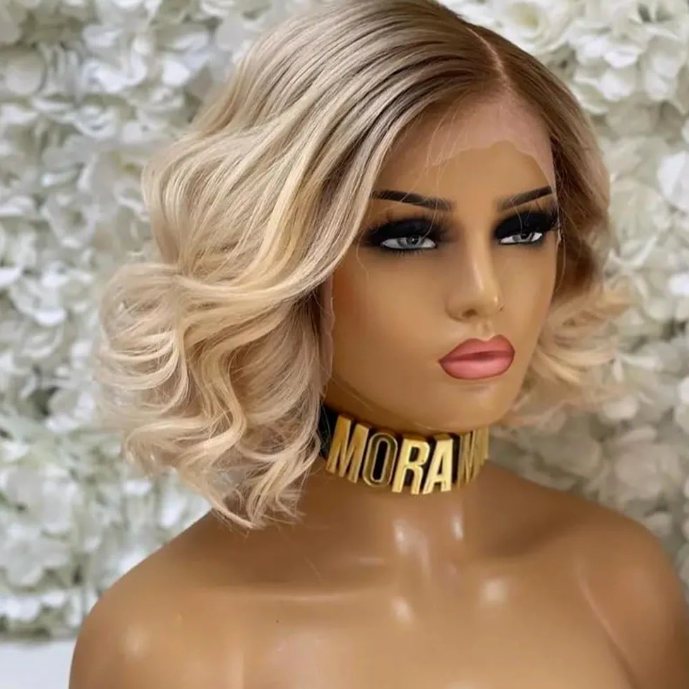Ombre blond peruki damskie falowane peruki do ramion z linią włosów koronkowe wstępnie przycięte, środkowa część naturalna syntetyczna efekt naturalny i obszerna (14 cali)