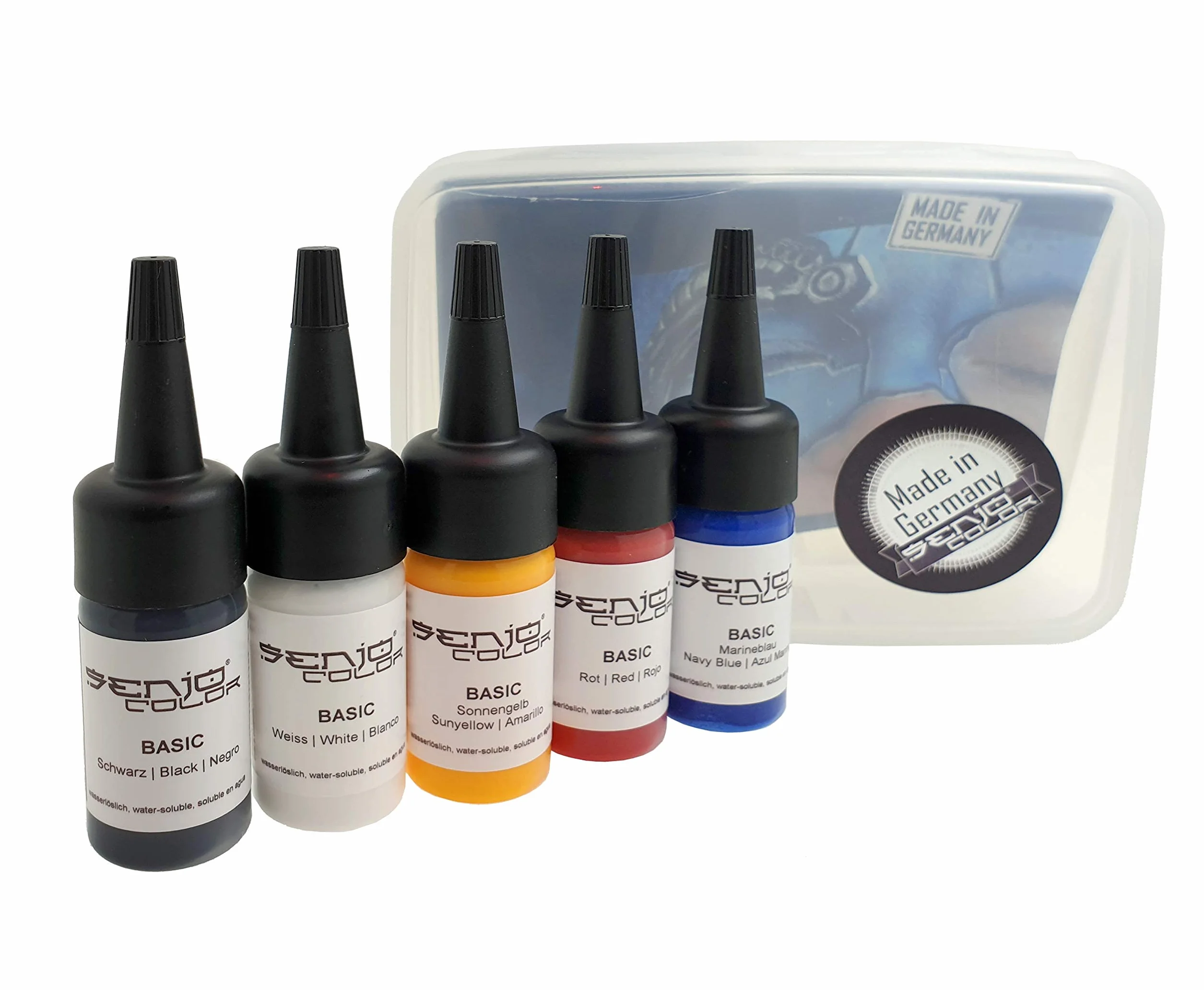 Senjo Color Airbrush zestaw farb do twarzy i ciała, testowany dermatologicznie, 5 x 15 ml, czarny, biały, czerwony, żółty, niebieski