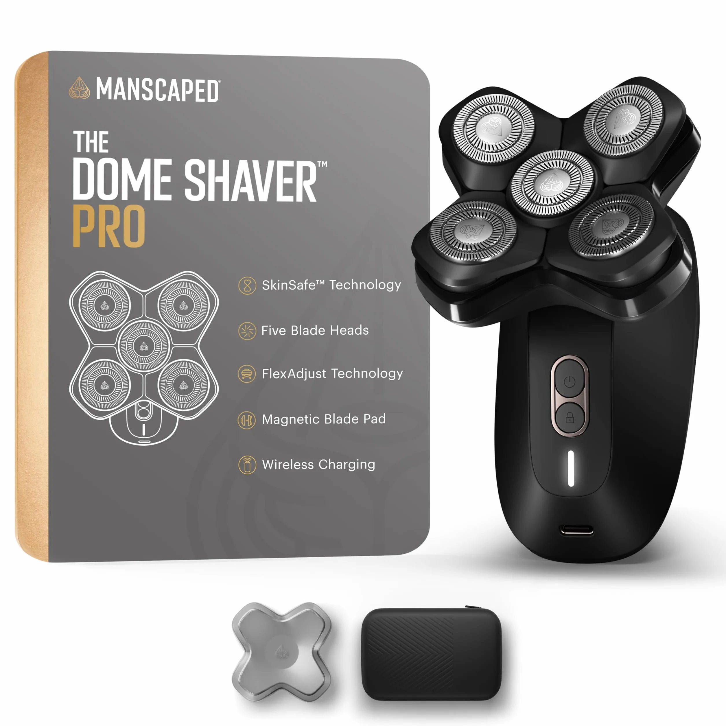 MANSCAPED® Golarka Dome Shaver™ PRO dla łysych mężczyzn – pięć obrotowych ostrzy z technologią SkinSafe® i FlexAdjust, wodoodporna, ładowanie USB-C z blokadą podróżną