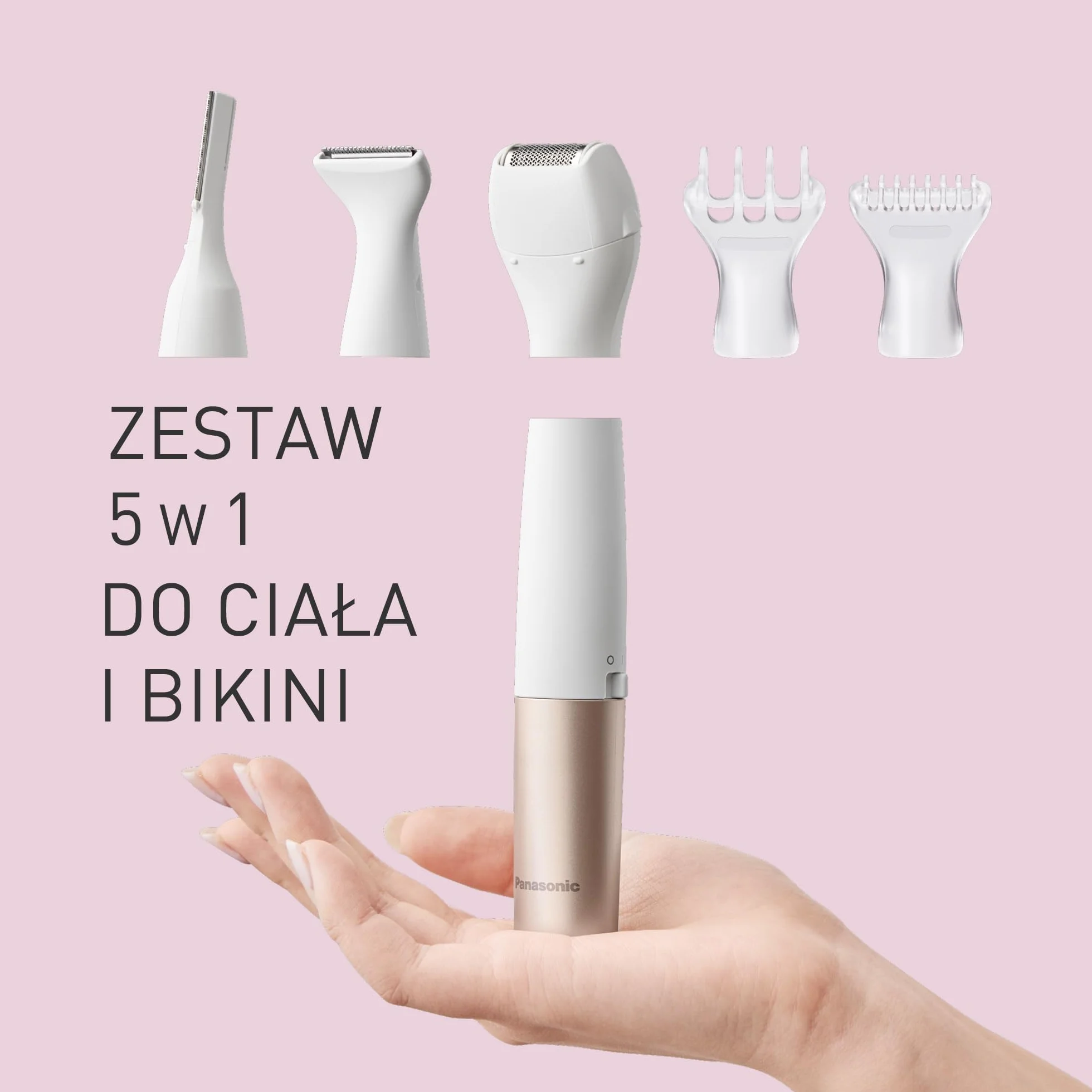 Panasonic ES-WM31 5 w 1 Do Ciała i Bikini, Golarka dla Kobiet, Golarki, Trymer do Bikini, 5 Końcówek, IPX7 Wodoodporna, Na Mokro i Na Sucho, Zasilana na Baterię (1 Bateria AA), Biało-Złoty