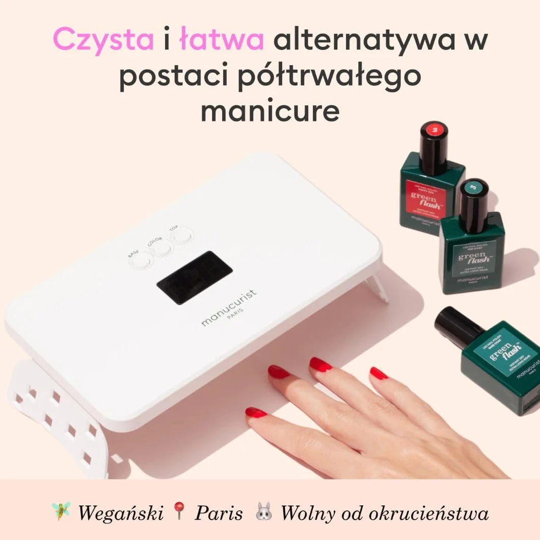 MANUCURIST - Zestaw lakierów żelowych Green Flash Slim - Lampa LED 36 W z powłoką bazową + Top Coat + 2 kolory żelowe: Poppy Red & Hortencia + Lampa LED + Remover + Klipsy - Prezent dla kobiet