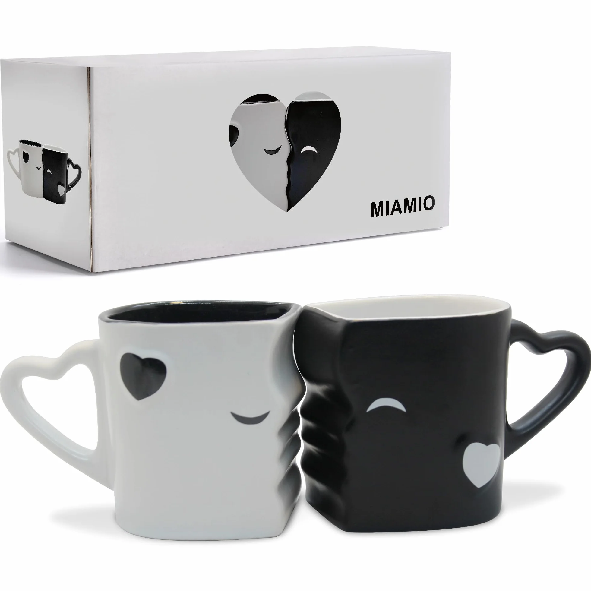MIAMIO - Zestaw kubków do kawy/kubków do całowania w prezencie dla par/na wesele/urodziny/rocznicę, ceramiczne 300 ml (czarne)