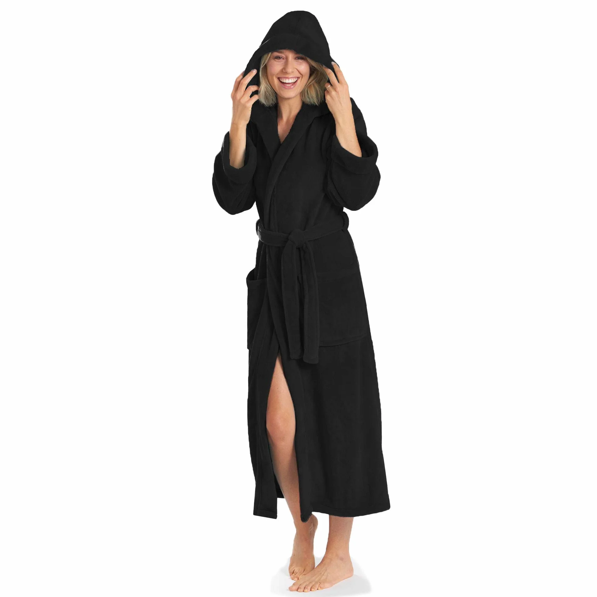 aqua-textil XS-XXXL szlafrok kąpielowy z kapturem, uniwersalny, długie naszyte kieszenie, dla kobiet i mężczyzn, unisex, mikrofibra, przytulny polar Oeko-TEX