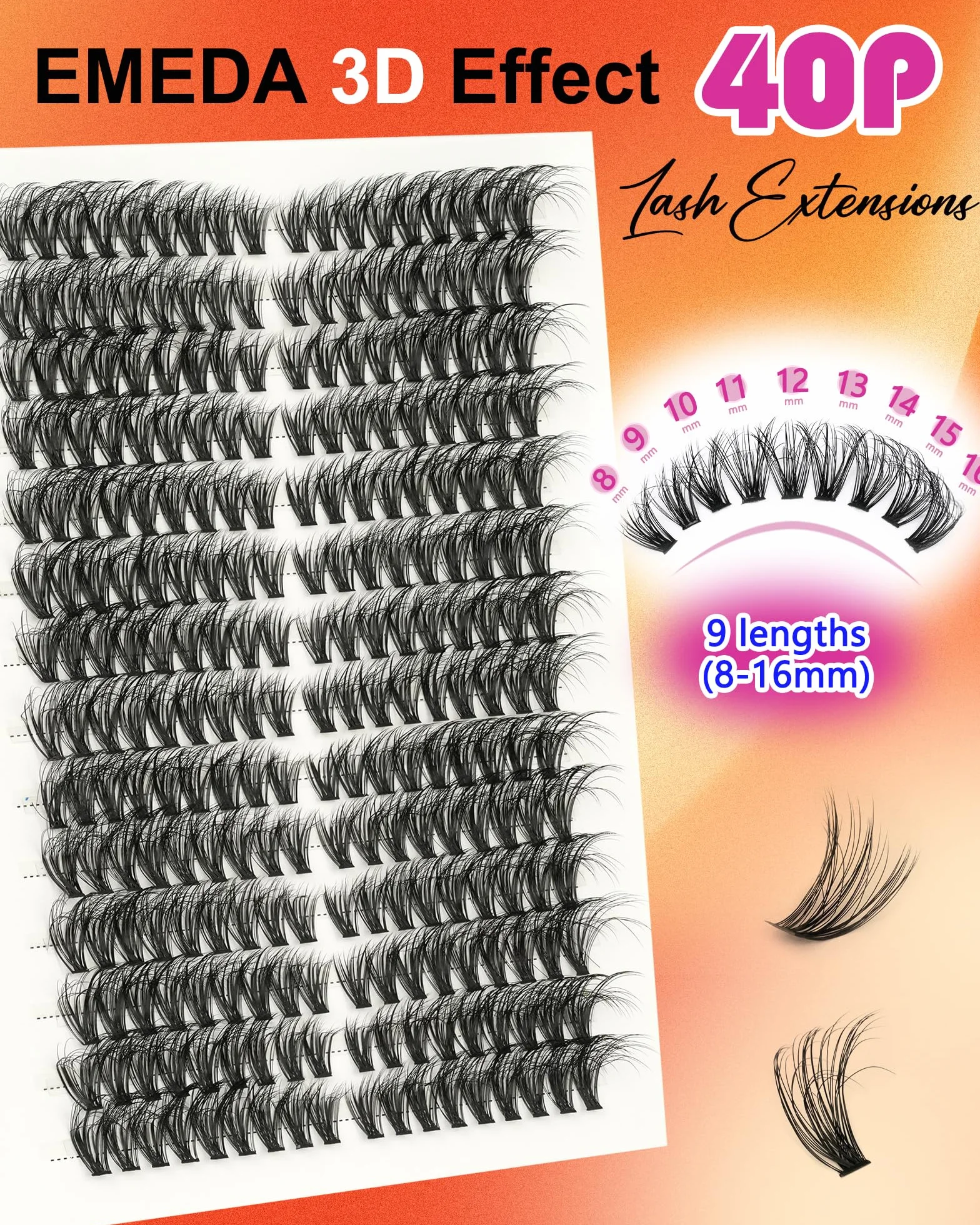 EMEDA Efekt 3D Klastry rzęs 40D Cluster Przedłużanie rzęs 8-16 mm Mix C Curl Cluster Lashes Naturalne i puszyste Przedłużanie rzęs Pojedyncze rzęsy DIY (40D, 0,07 C Mix)