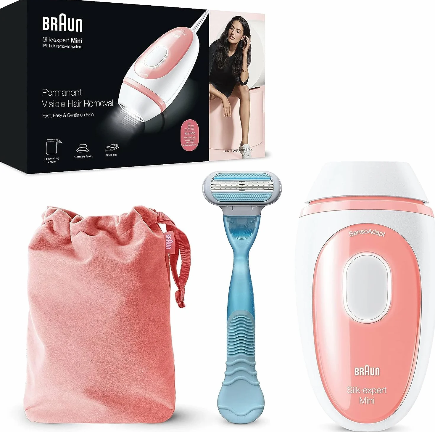 Braun Silk · Expert Mini PL1014, depilator światłem pulsującym, półtrwałe usuwanie włosów, alternatywa dla laserowej do 1 roku miękkiej skóry, kompaktowy format biało-różowy, z torbą podróżną