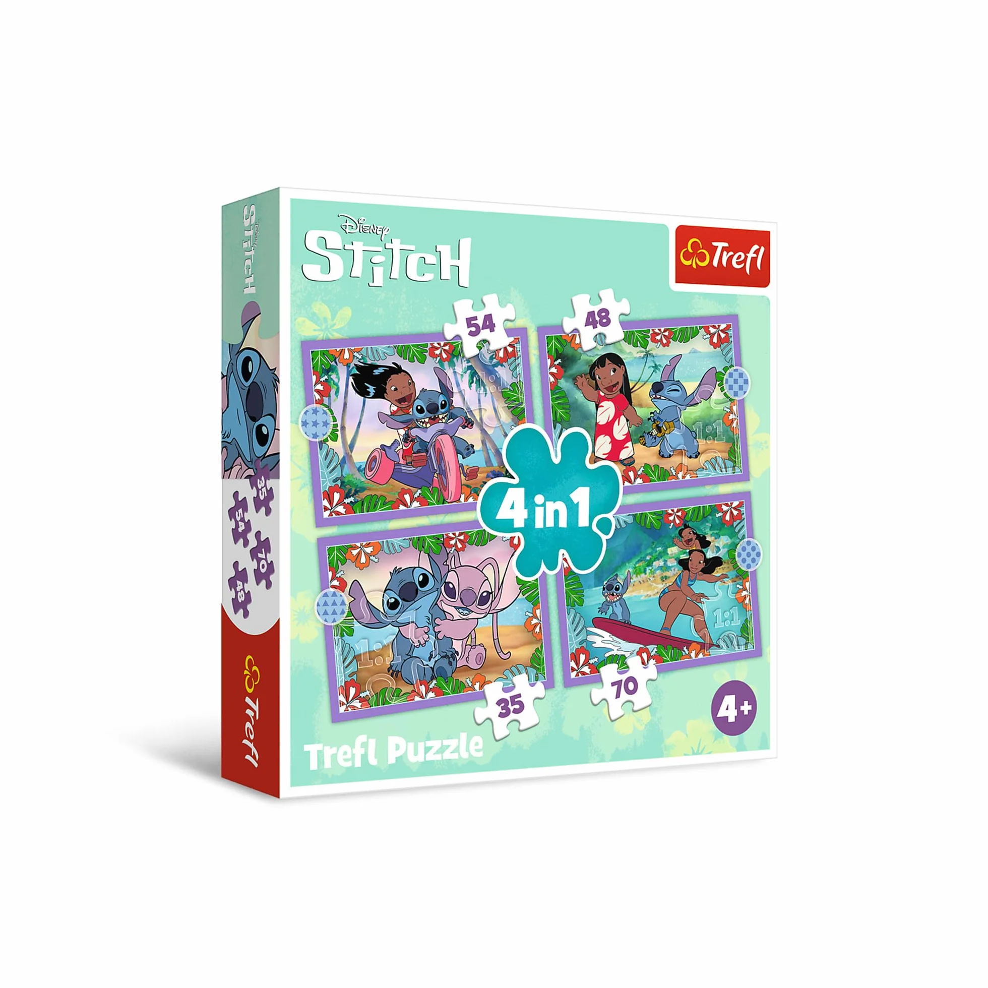 Trefl - Lilo & Stitch, Szalony dzień Lilo & Stitch - Puzzle 4w1, 4 Układanki, od 35 do 70 Elementów - Różny Stopień Trudności, Kolorowe Puzzle z Bohaterami Bajki, Zabawa dla Dzieci od 4 lat