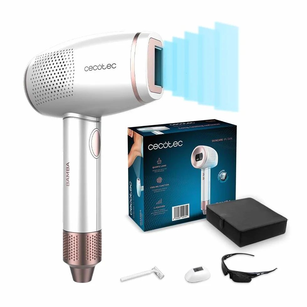 Cecotec IPL Bamba SkinCare IPL pistolet do usuwania włosów, dla kobiet i mężczyzn, ciała, pachy i twarzy, lampy kwarcowe, 500 000 impulsów świetlnych, funkcja chłodzenia, wyświetlacz LCD, 2 tryby