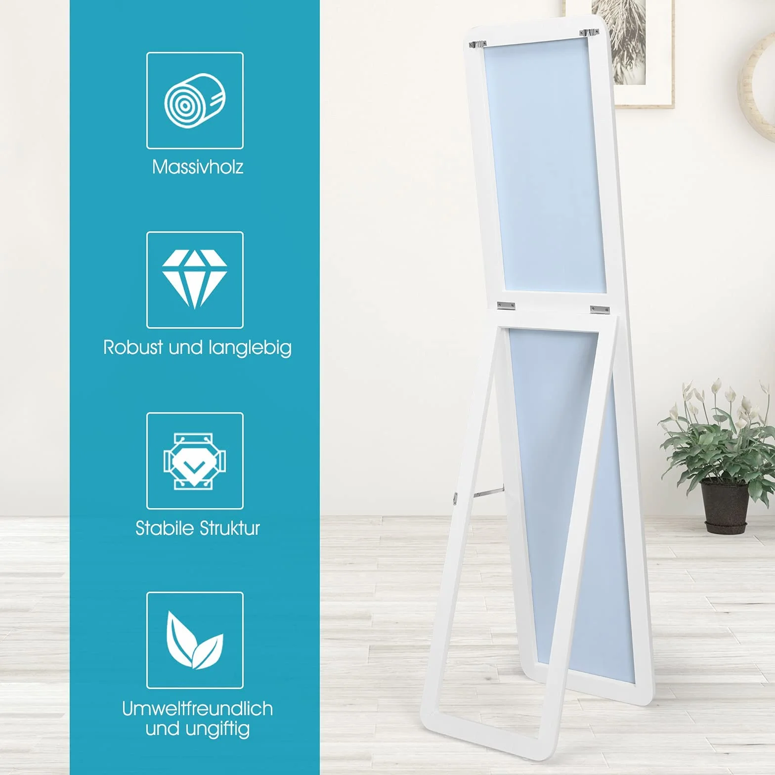 GOPLUS 2 w 1 Lustro Obejmujące Całą Sylwetkę, Duże Lustro Stojące 155 cm × 37 cm z Ramą z Litego Drewna & Haczykami, HD Lustro Ścienne z Ochroną Przed Rozbiciem, Lustro Stojące do Drzwi, Salonu