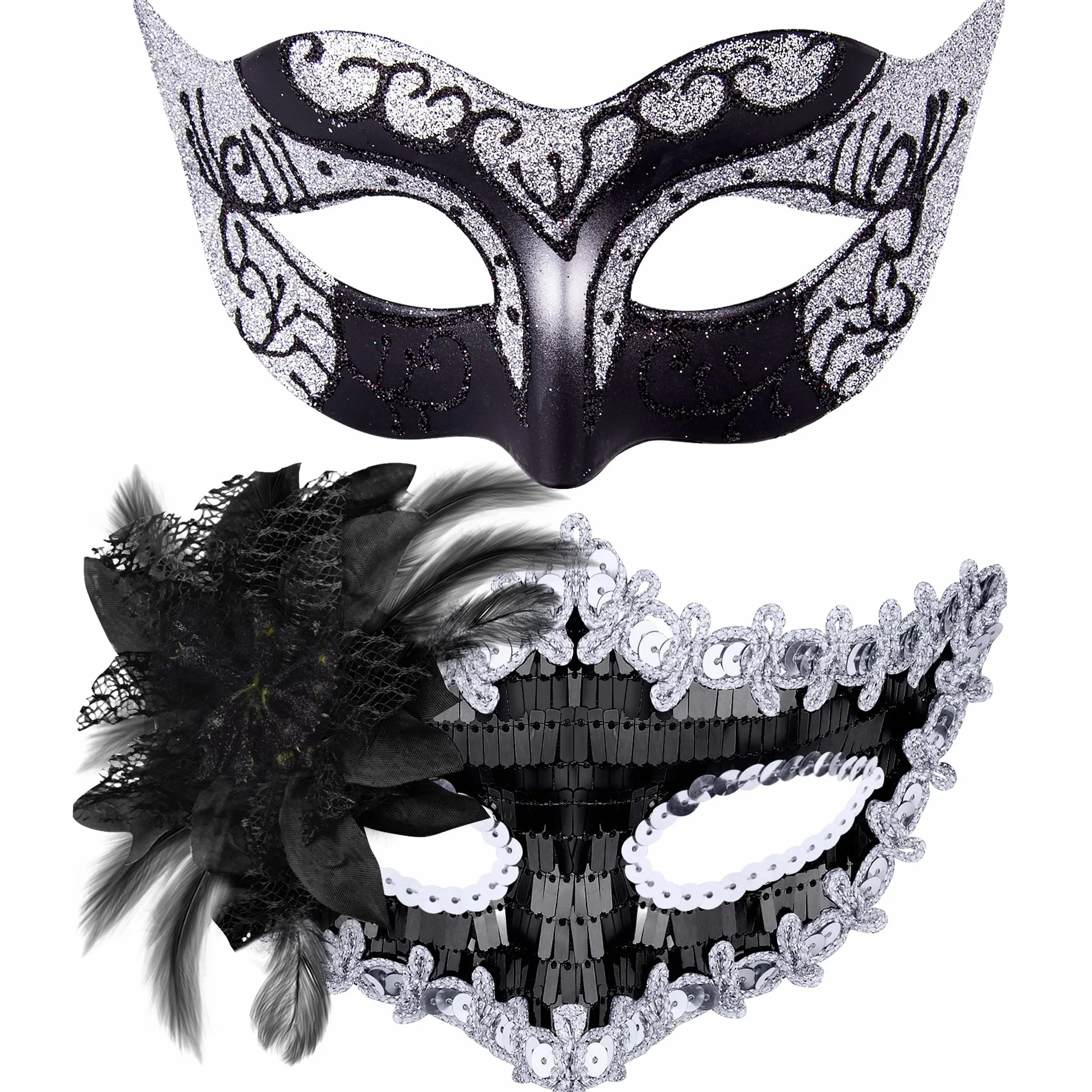 SIQUK 2 sztuki para maska wenecka maskarada maska maska maskaradowa maskaradowa maskaradowa na maskaradę dla kobiet, mężczyzn, oczu na Halloween, karnawałowa maskarada, czarna i srebrna