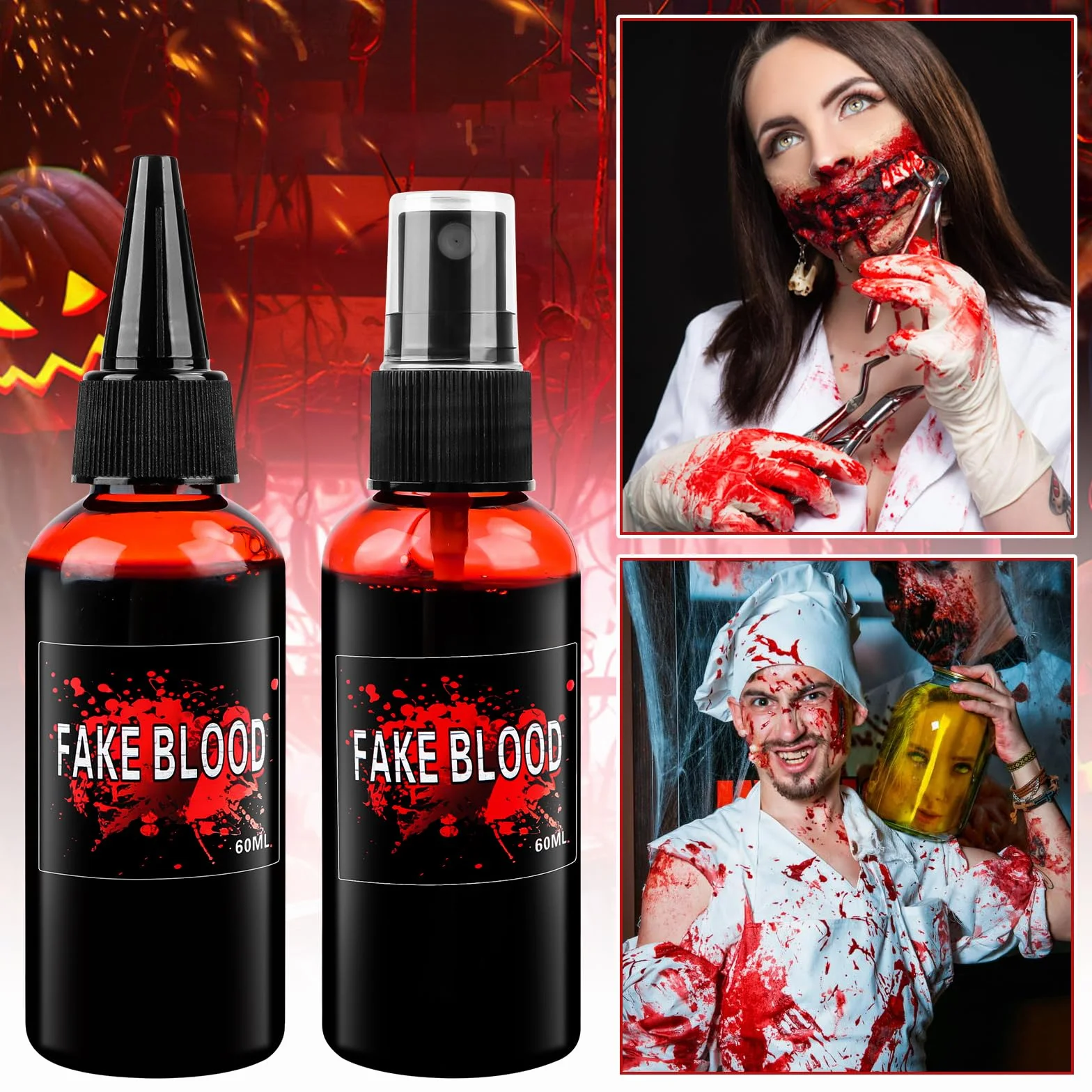 Halloween sztuczna krew 60 ml, 2 sztuki fałszywej krwi, film krew, krew wampira. Krew zombie, na karnawał, film, teatr, psoty, symulowane rany (zmywalne i bezpieczne)