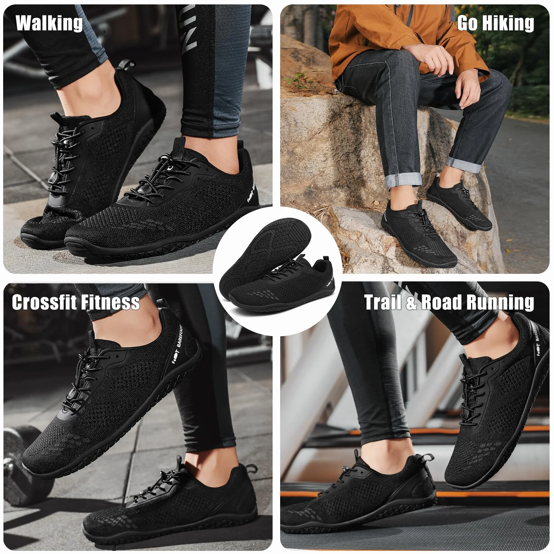 Geweo Buty Barefoot Męskie i Damskie Lekkie Wygodne Buty Sportowe Treningow z Szeroką Skrzynią na Palce Oddychające Buty do Biegania, do CrossFit i Fitness, Świeżym Powietrzu Sport Unisex Czarny 45EU