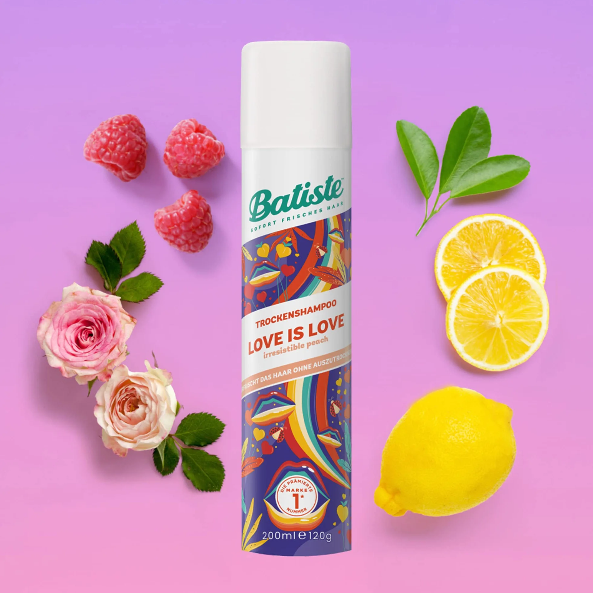 Batiste Suchy szampon Love is Love 200 ml, z zapachem, słodko-owocowy zapach kwiatowy, do odświeżenia włosów pomiędzy myciem włosów, bez spłukiwania