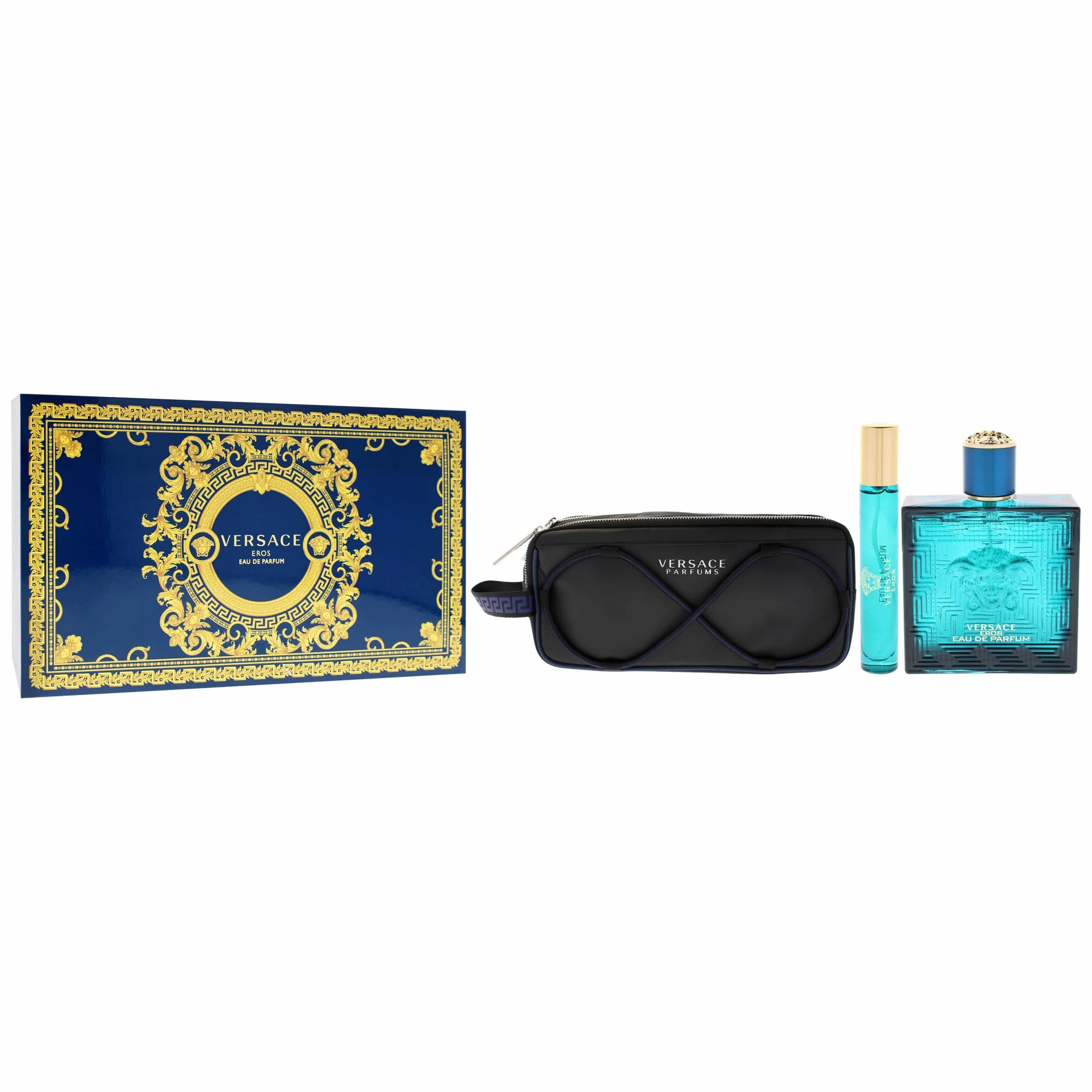 Versace Eros Eau de Parfum zestaw upominkowy 2025-100 ml EDP, spray podróżny 10 ml i torba na przybory toaletowe
