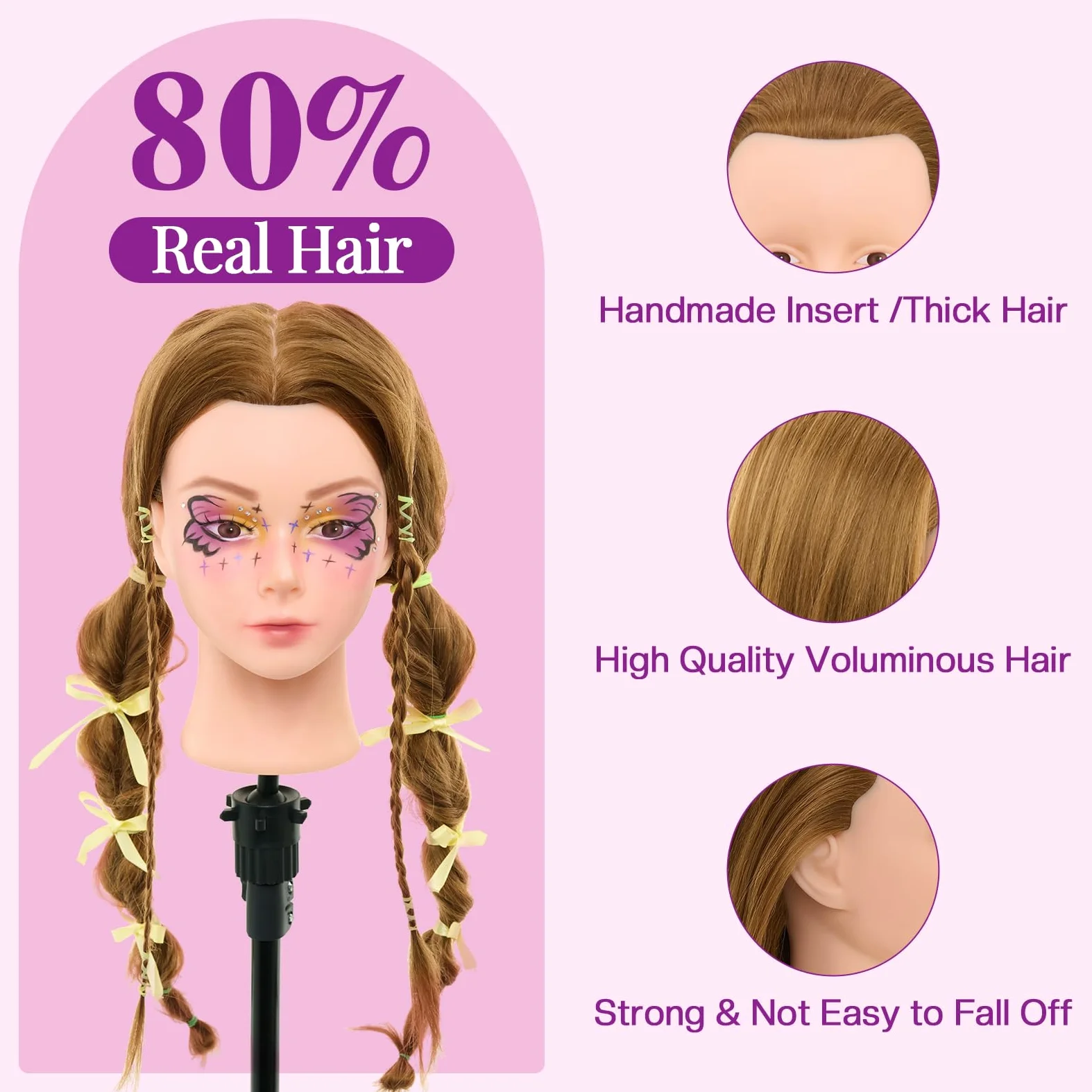 Neverland Profesjonalna główka do makijażu 71 cm z 60% ludzkimi włosami, główka fryzjerska do makijażu z narzędziami do stylizacji włosów, rzęsami i klipsami stołowymi (blond)