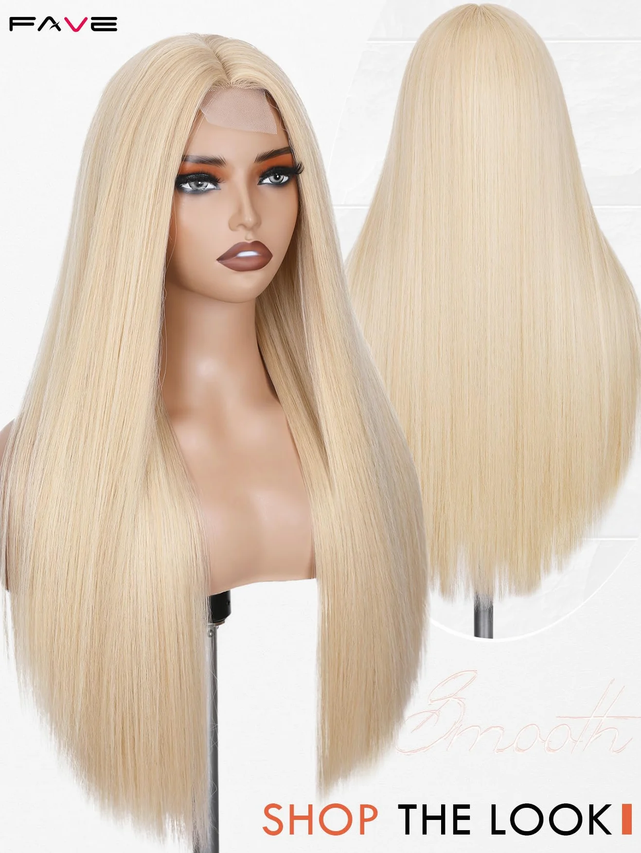 FAVE Peruka blond, 65 cm, damska, długa, odporna na wysokie temperatury, syntetyczna peruka z iluzoryczną koronką, przedziałek na środku, do noszenia na co dzień, do cosplay